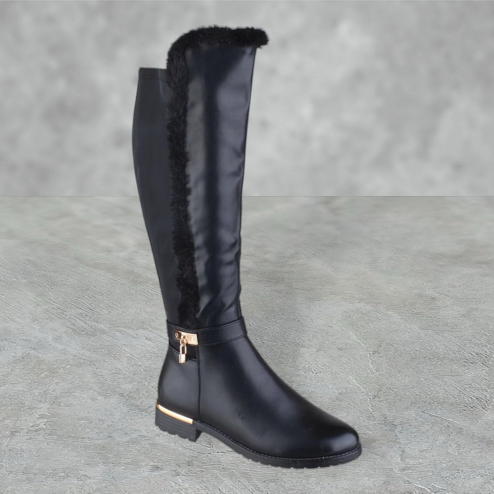 LADIES WOMENS FLAT LOW BLOCK HEEL CALF HIGH FAUX FUR STRETCH ZIP UP BOOTS SIZE