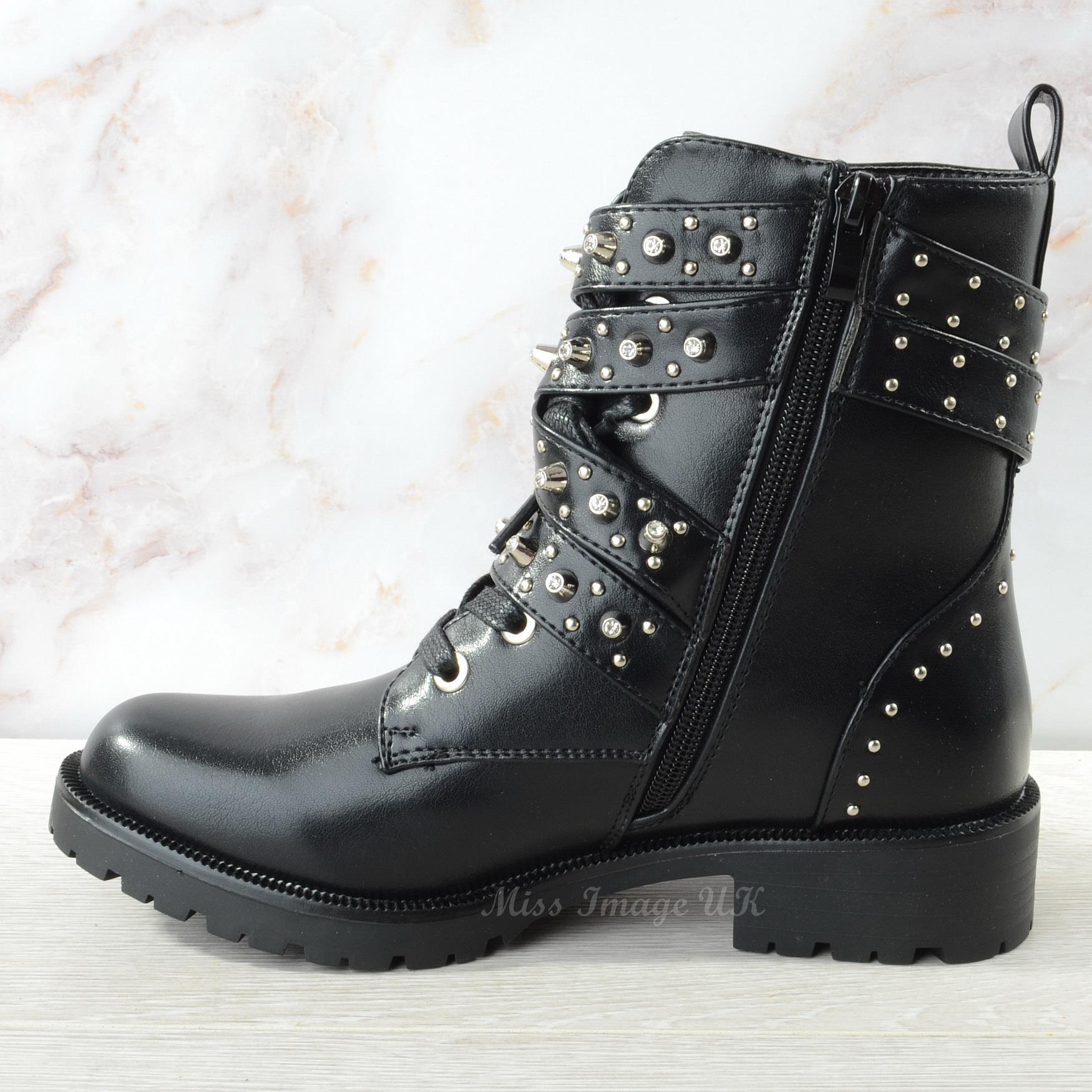 Womens Lace Zip Up Stud Ankle Biker Boots Womens Flat Low Heel Combat