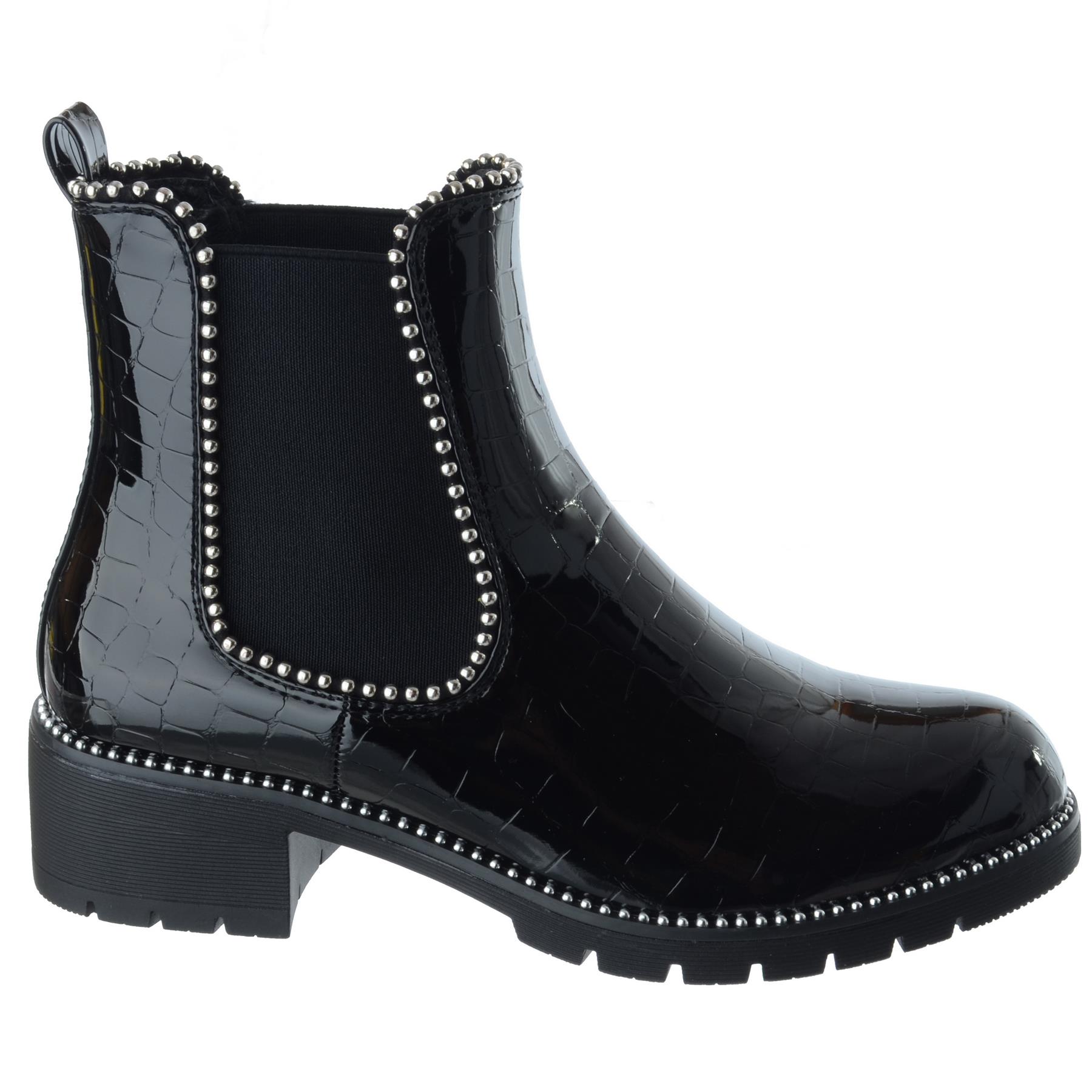 Womens Ladies Chunky Flat Low Heel Biker Studded Chelsea Ankle Boot Shoes Size