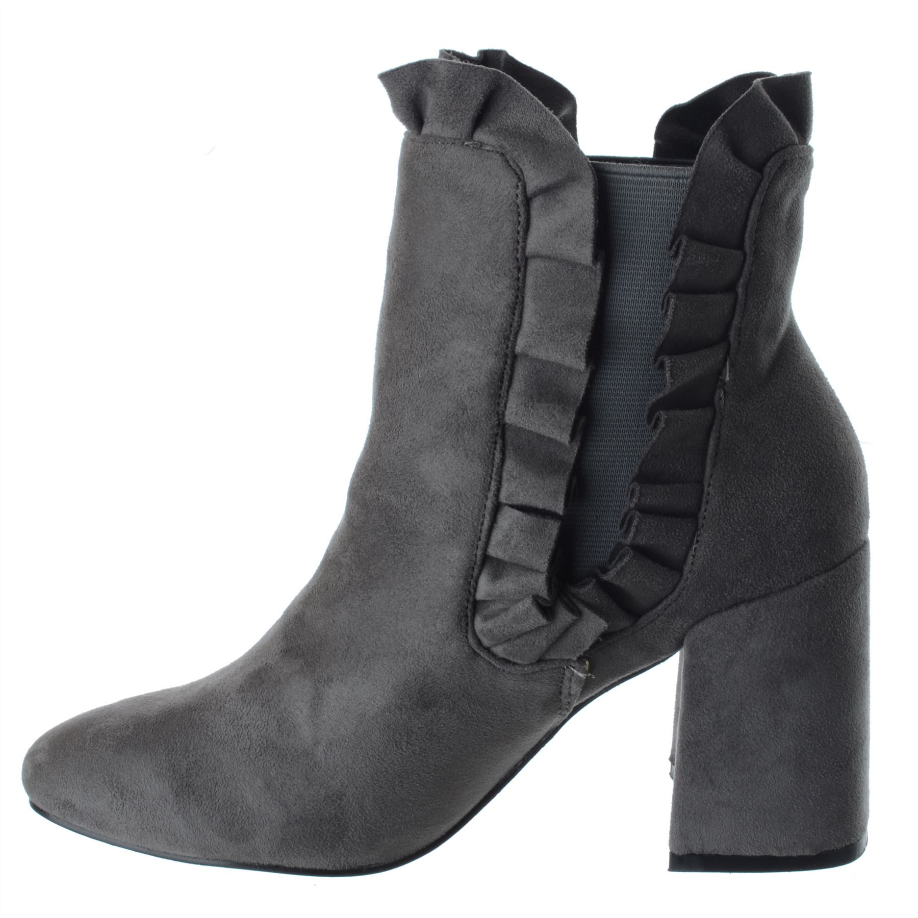 Womens Ladies Chunky High Block Heel Heel Ruffle Chelsea Ankle Boots Shoes Size