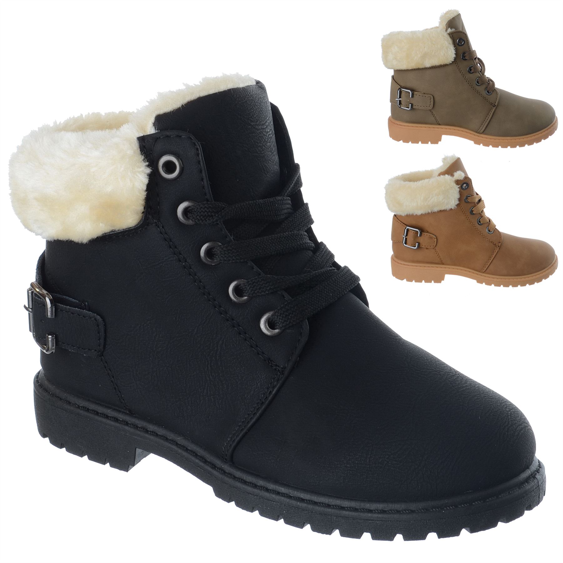 KIDS BOYS GIRLS GRIP SOLE WARM WINTER LACE UP ANKLE ZIP TRAINERS BOOTS SIZE 8-13