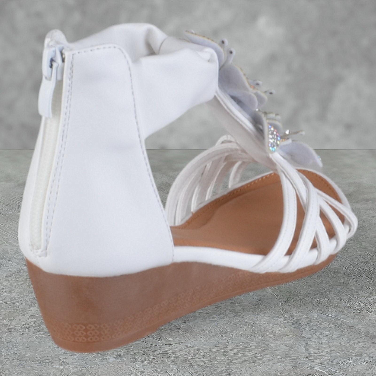 LADIES WOMENS LOW WEDGE HEEL ZIP UP ANKLE STRAP DIAMANTE FLOWER SANDALS SIZE - Picture 9 of 9