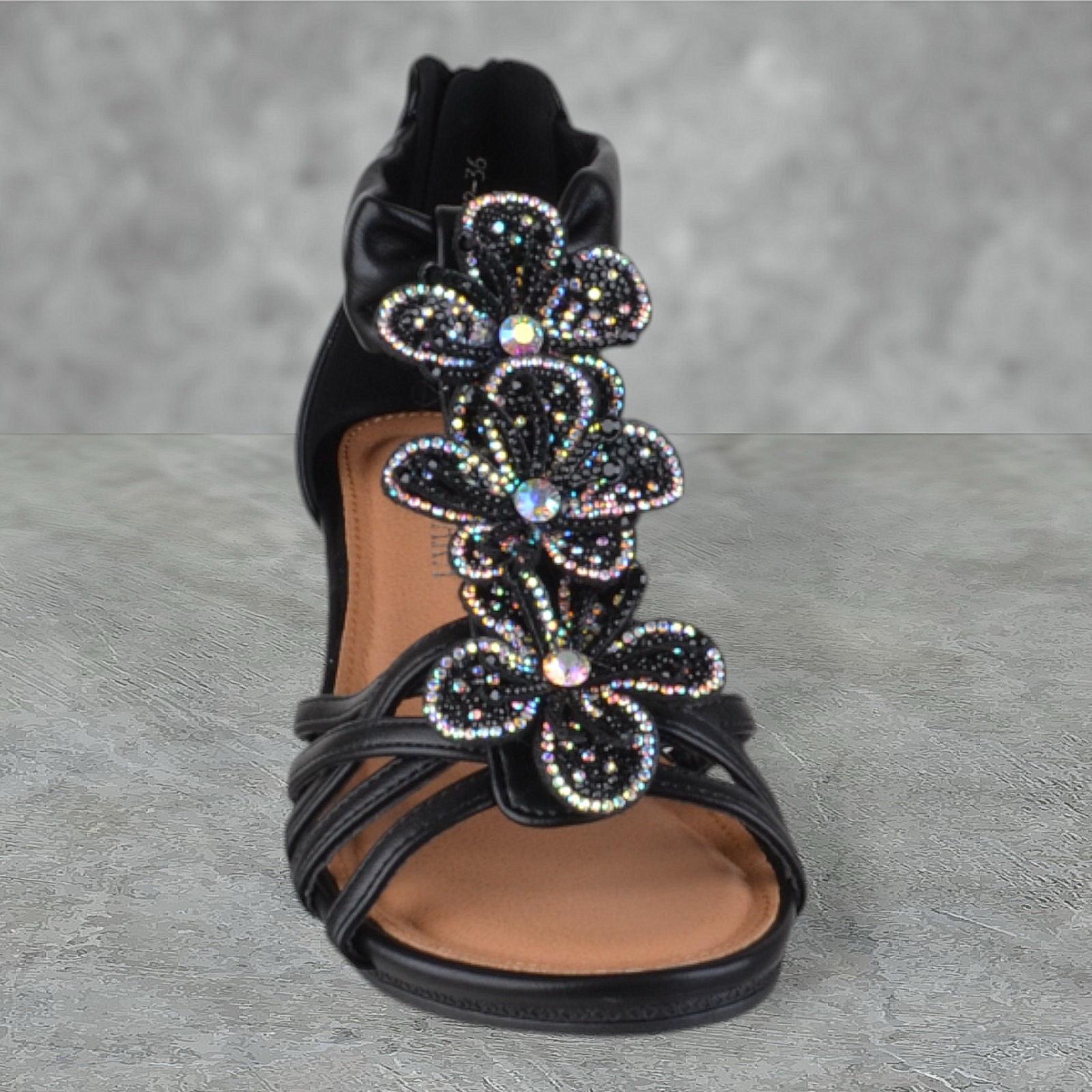 LADIES WOMENS LOW WEDGE HEEL ZIP UP ANKLE STRAP DIAMANTE FLOWER SANDALS SIZE - Picture 5 of 9