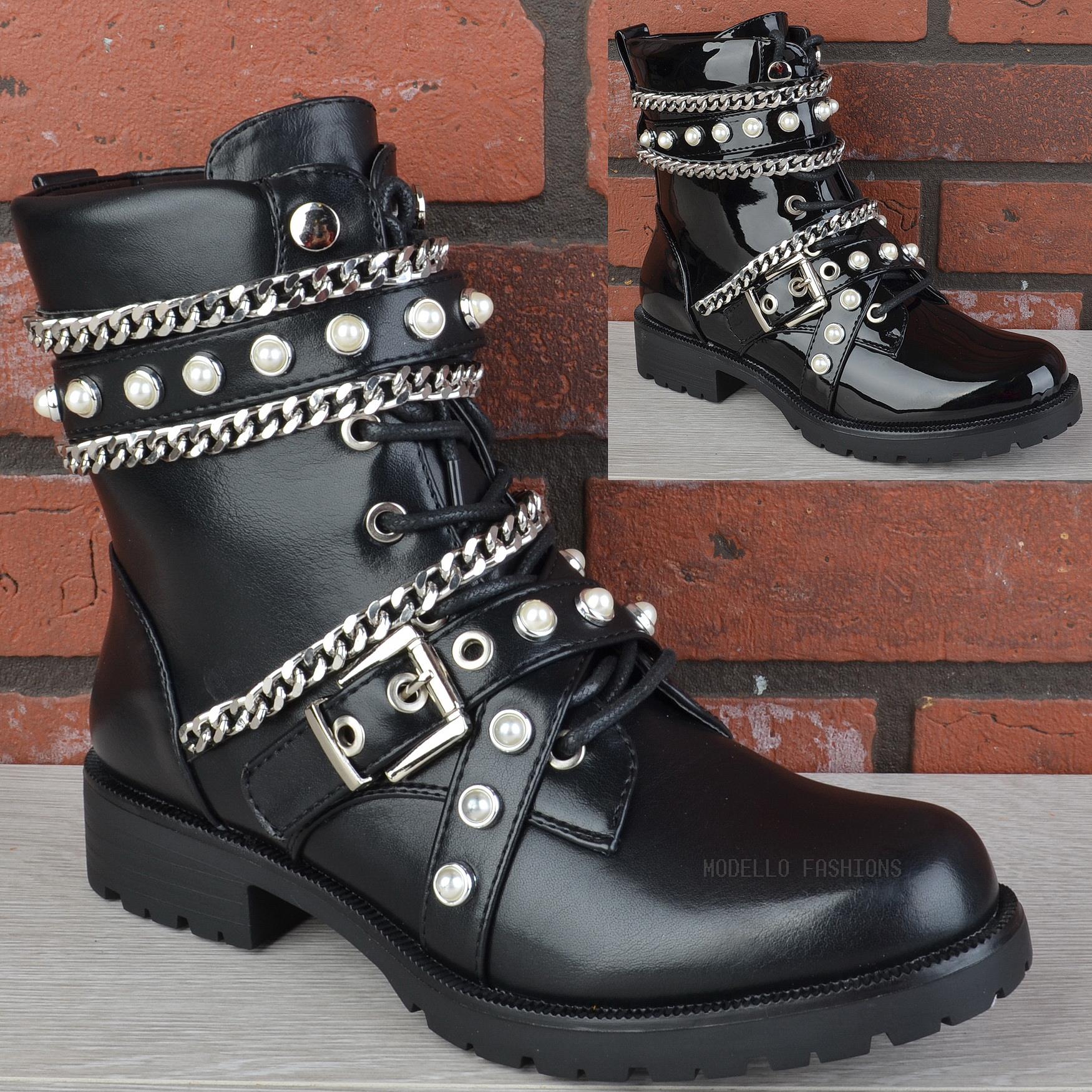 Womens Ladies Zip Up Military Combat Chain Pearl Chelsea Ankle Boots