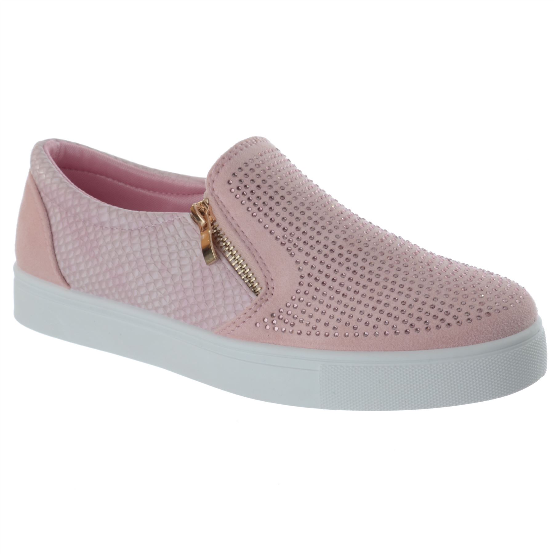 Ladies Womens Diamante Slip On Zip Flat Trainers Plimsolls Zip Up Pumps Size - Picture 11 of 16