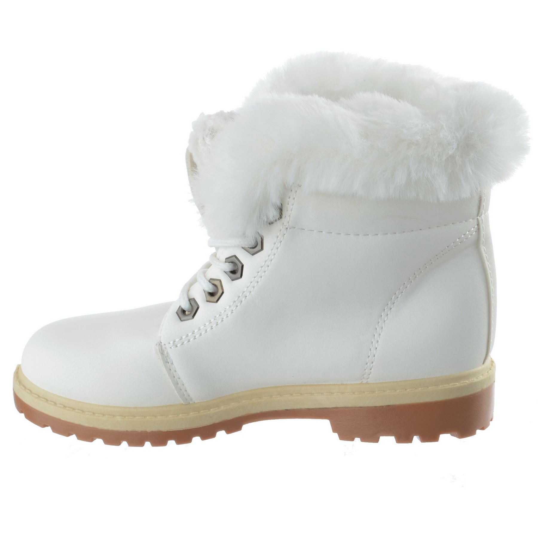 GIRLS KIDS CHILDRENS LACE UP COMBAT FAUX FUR WINTER WARM ANKLE BOOTS ...