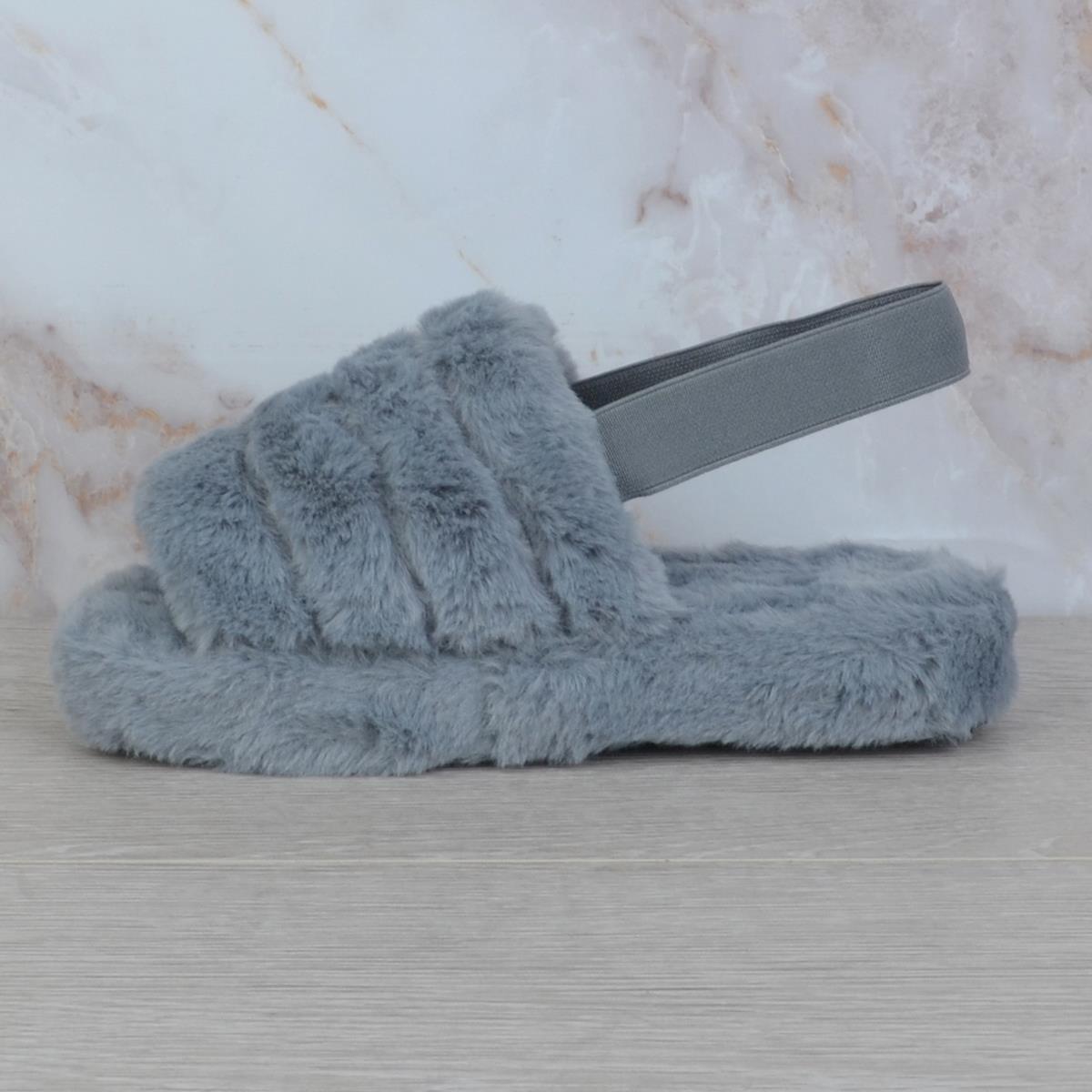 Women's Fluffy Fur Sliders / Mules - Slip-On Slipper Sandals In Black, Grey, Mocha, Leopard - UK Sizes 3-8