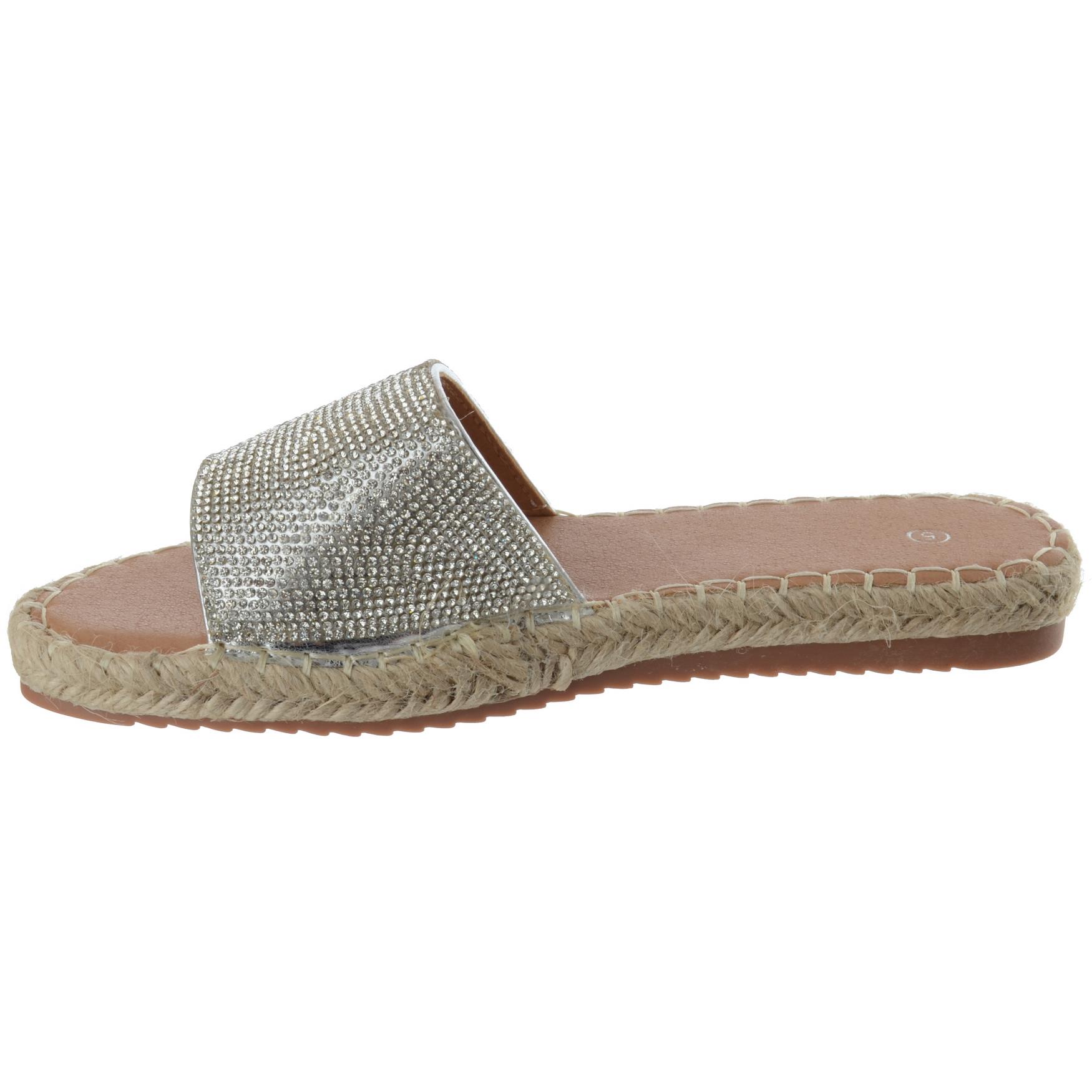 Womens Ladies Slip On Summer Espadrilles Diamante Flat Sandals Slides