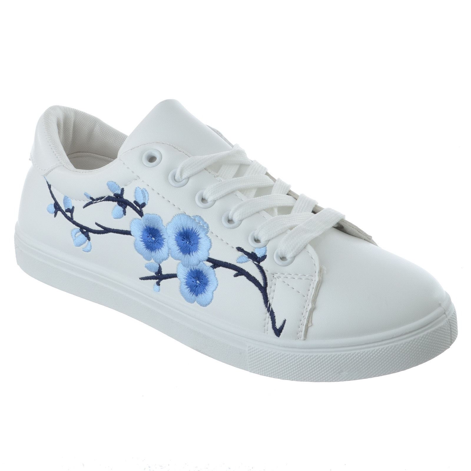 WOMENS FLORAL EMBROIDERED FLAT LACE UP LADIES TRAINERS PUMPS SPORTS