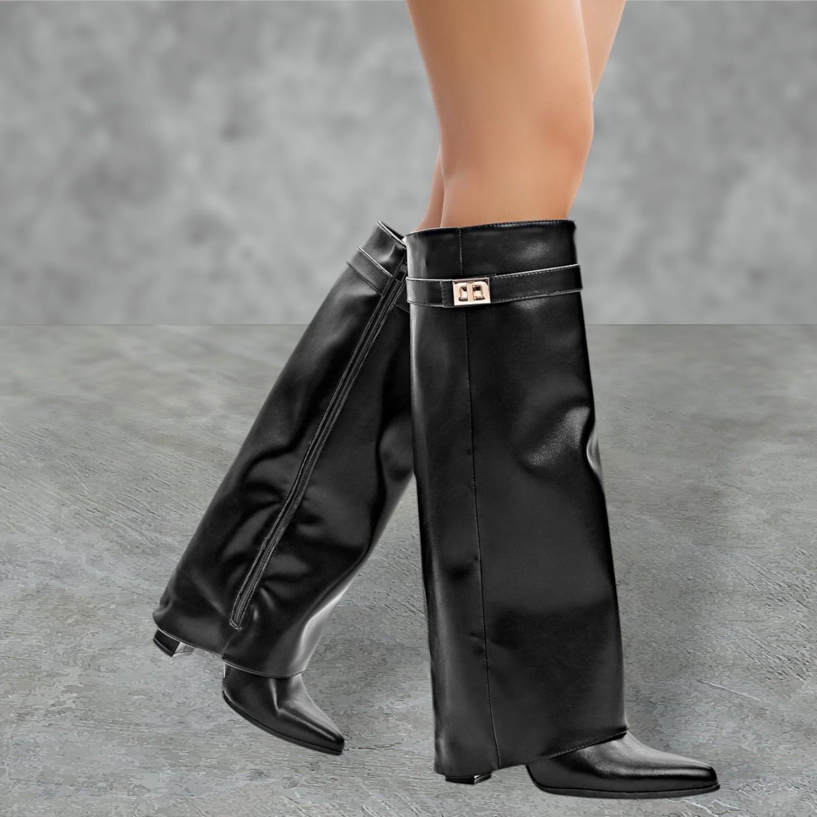 WOMENS LADIES ZIP UP FOLD OVER BLOCK HEEL POINTED TOE KNEE HIGH BOOTS SHOES SIZE