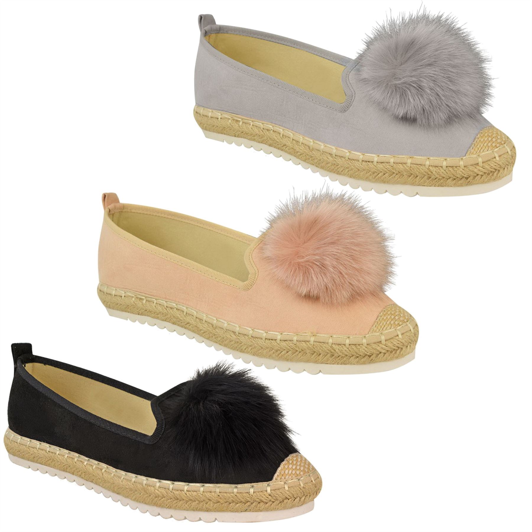 WOMENS LADIES FLAT LOW ESPADRILLES POM POM SLIP ON SUEDE PUMPS SHOES SIZE 3-8