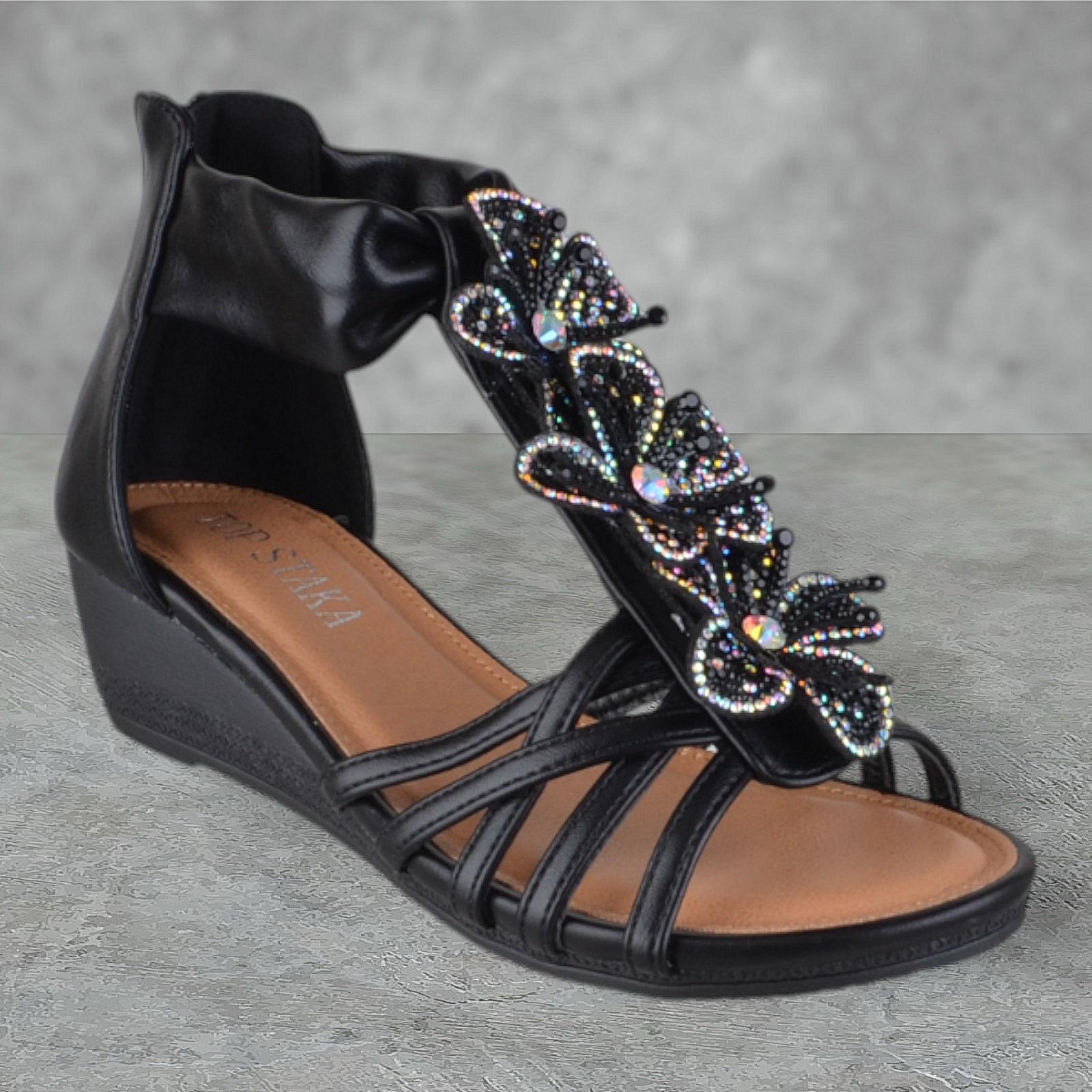 LADIES WOMENS LOW WEDGE HEEL ZIP UP ANKLE STRAP DIAMANTE FLOWER SANDALS SIZE - Picture 2 of 9
