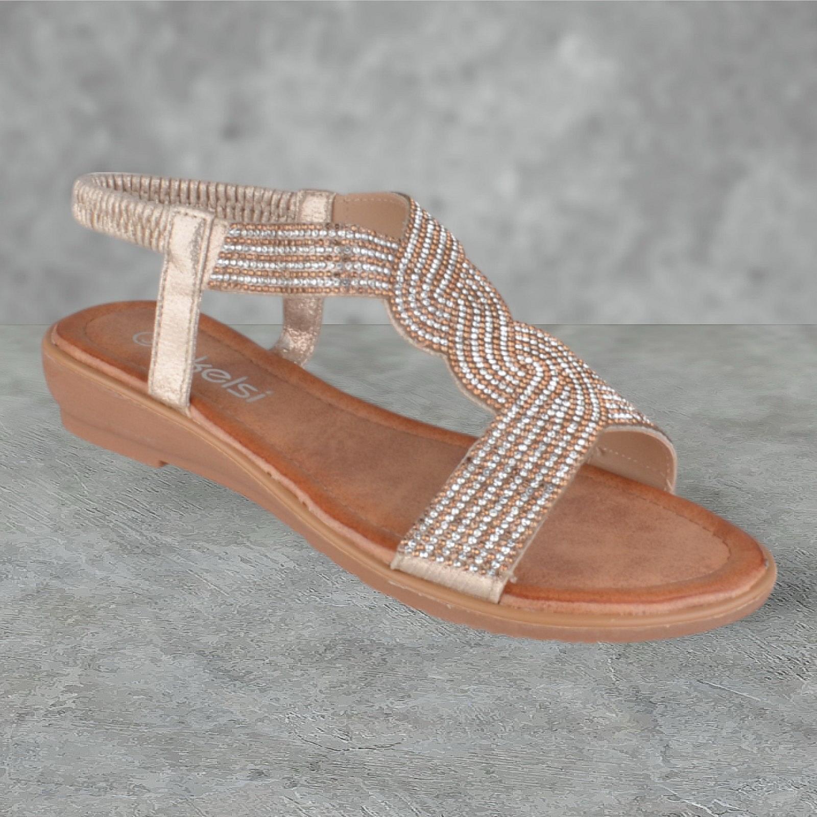 WOMENS LADIES DIAMANTE SANDALS COMFY LOW WEDGE ANKLE STRAP SPARKLY SHOES SIZE