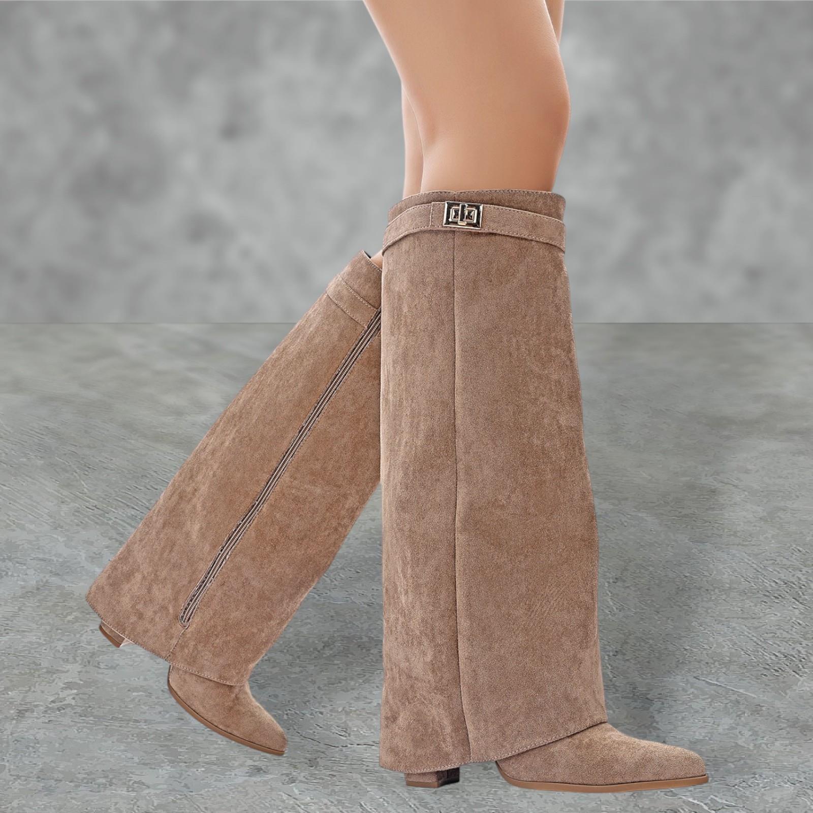 WOMENS LADIES ZIP UP FOLD OVER BLOCK HEEL POINTED TOE KNEE HIGH BOOTS SHOES SIZE