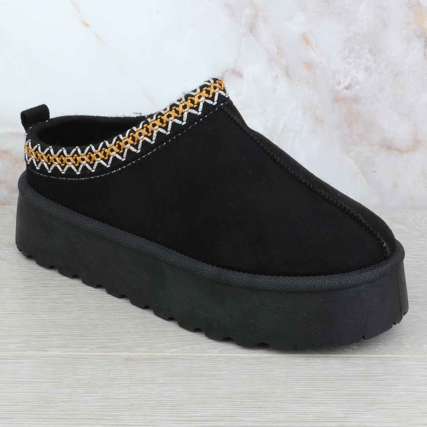 WOMENS LADIES AZTEC DETAILED FAUX FUR SLIP ON PLATFORM SLIPPER