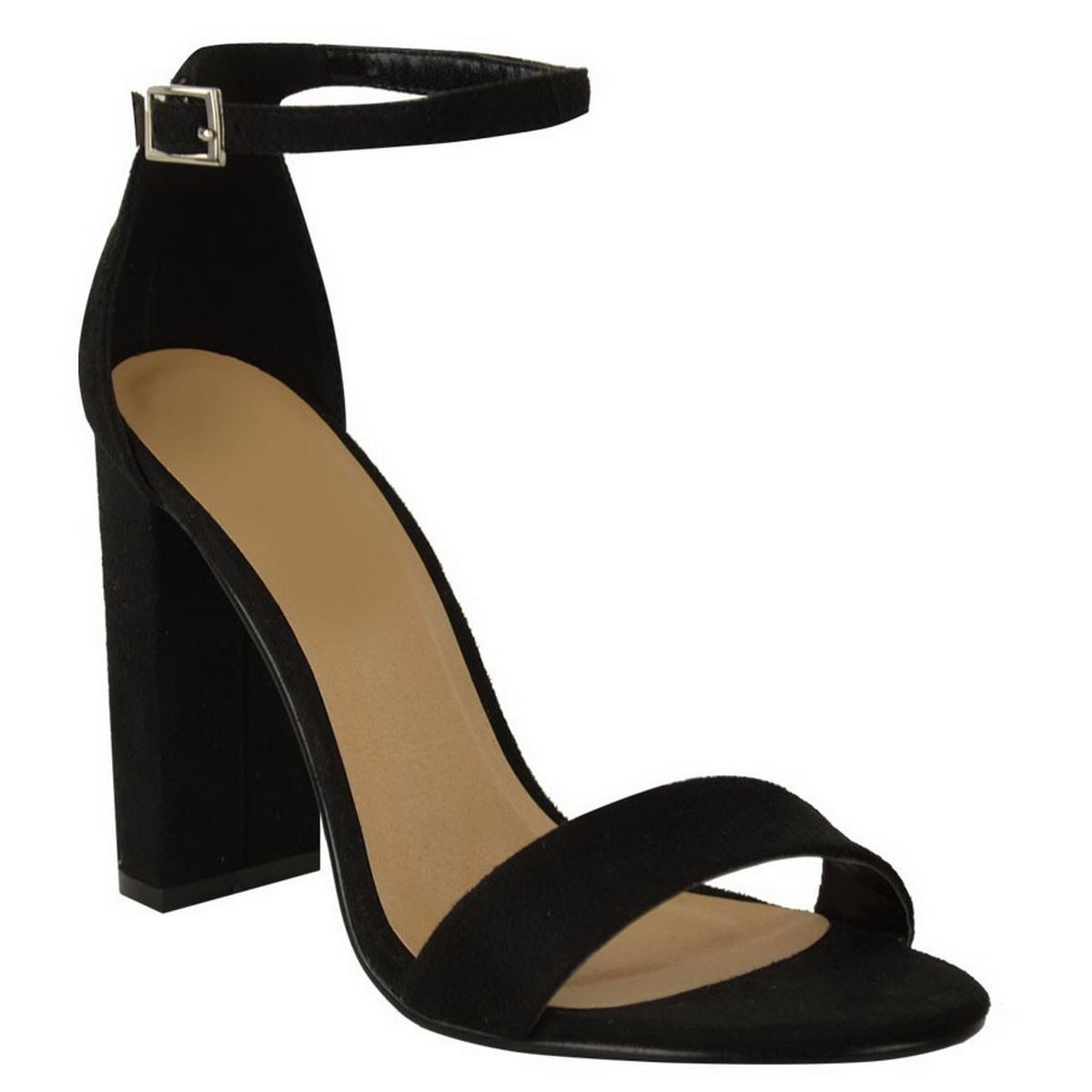 LADIES WOMENS BARELY THERE BLOCK HEEL PEEP TOE ANKLE STRAP SANDALS