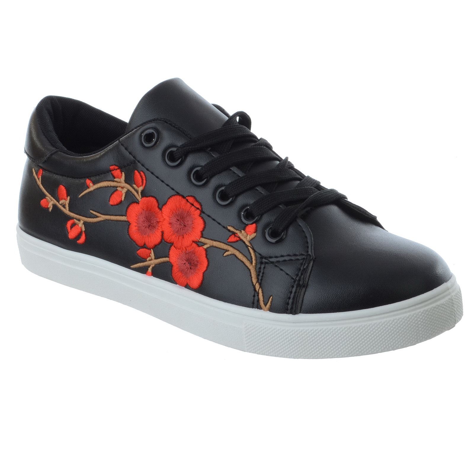 WOMENS FLORAL EMBROIDERED FLAT LACE UP LADIES TRAINERS PUMPS SPORTS