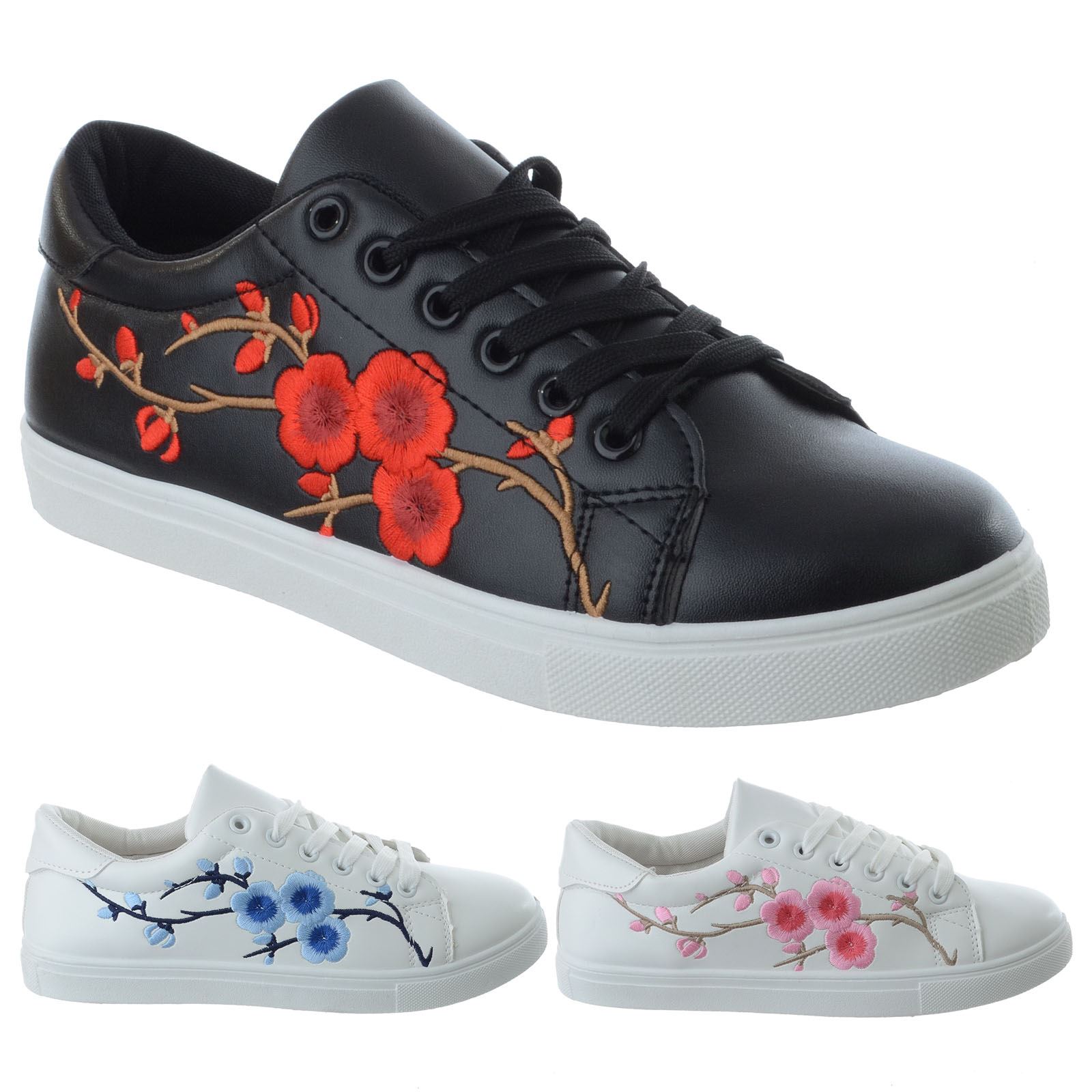 WOMENS FLORAL EMBROIDERED FLAT LACE UP LADIES TRAINERS PUMPS SPORTS