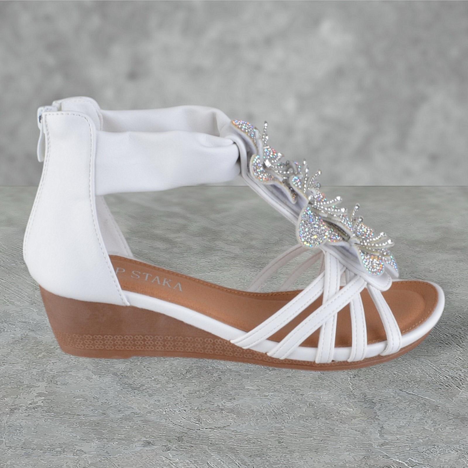 LADIES WOMENS LOW WEDGE HEEL ZIP UP ANKLE STRAP DIAMANTE FLOWER SANDALS SIZE - Picture 8 of 9