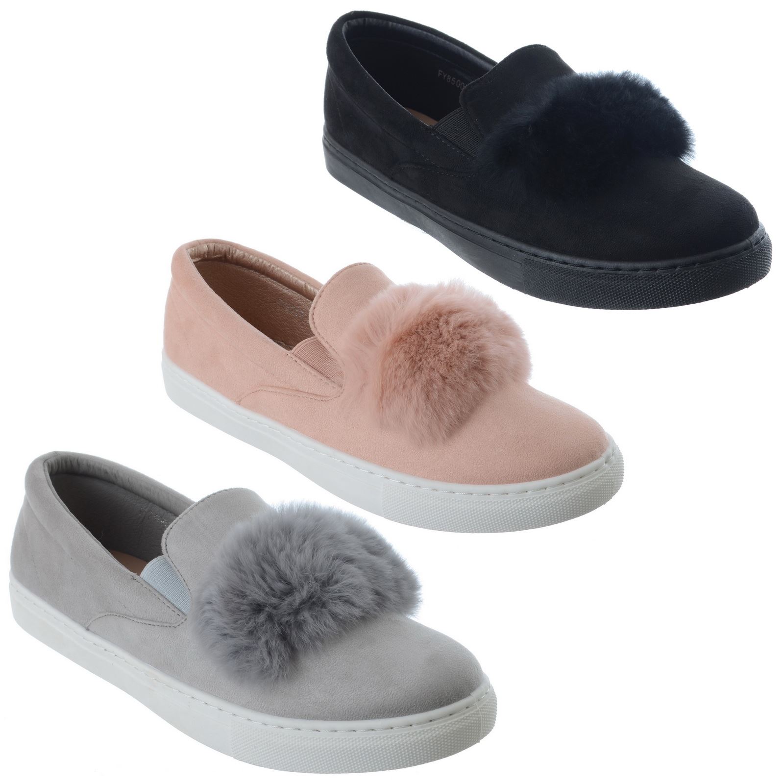 NEW WOMENS LADIES TRAINERS FAUX SUEDE SLIP ON FLAT FUR SNEAKERS PUMPS SHOES SIZE