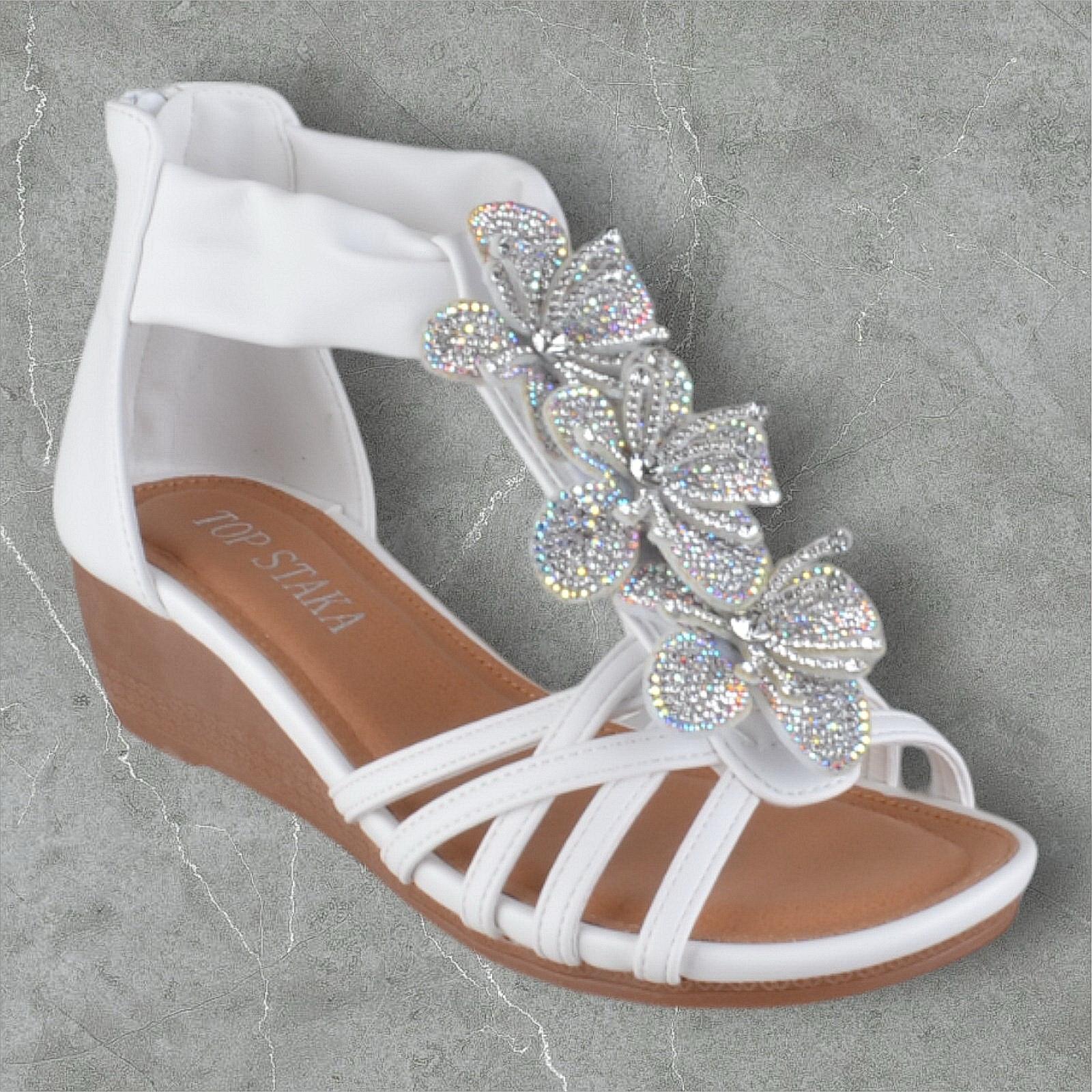 LADIES WOMENS LOW WEDGE HEEL ZIP UP ANKLE STRAP DIAMANTE FLOWER SANDALS SIZE - Picture 6 of 9