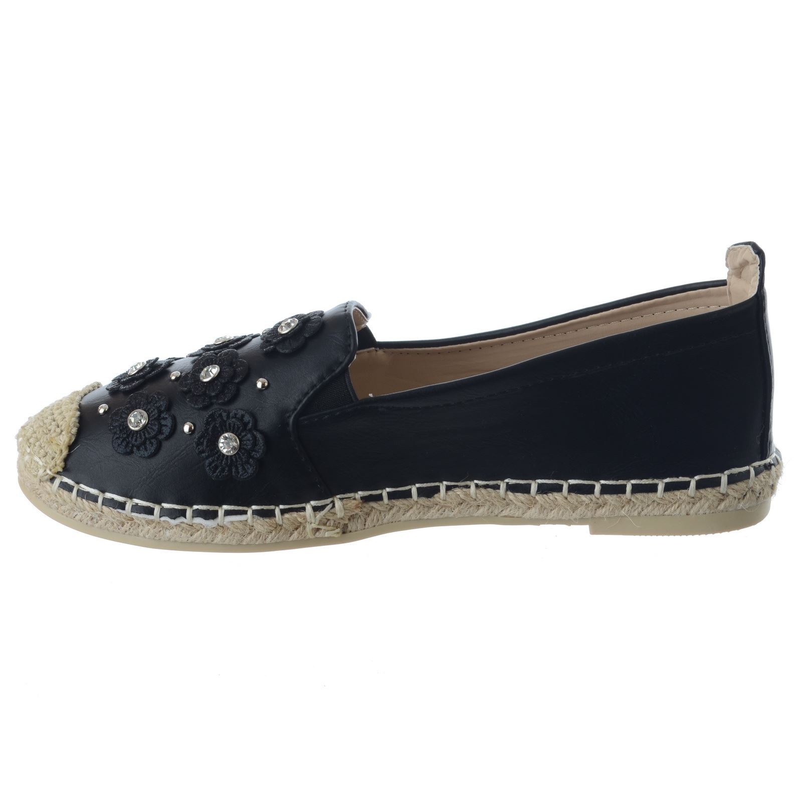 Femme Dames Slip on Espadrilles Diamant Détail Fleur Devant Chaussures Été Taille Femme Dames Slip on Espadrilles Diamant Détail Fleur Devant Chaussures Été Taille