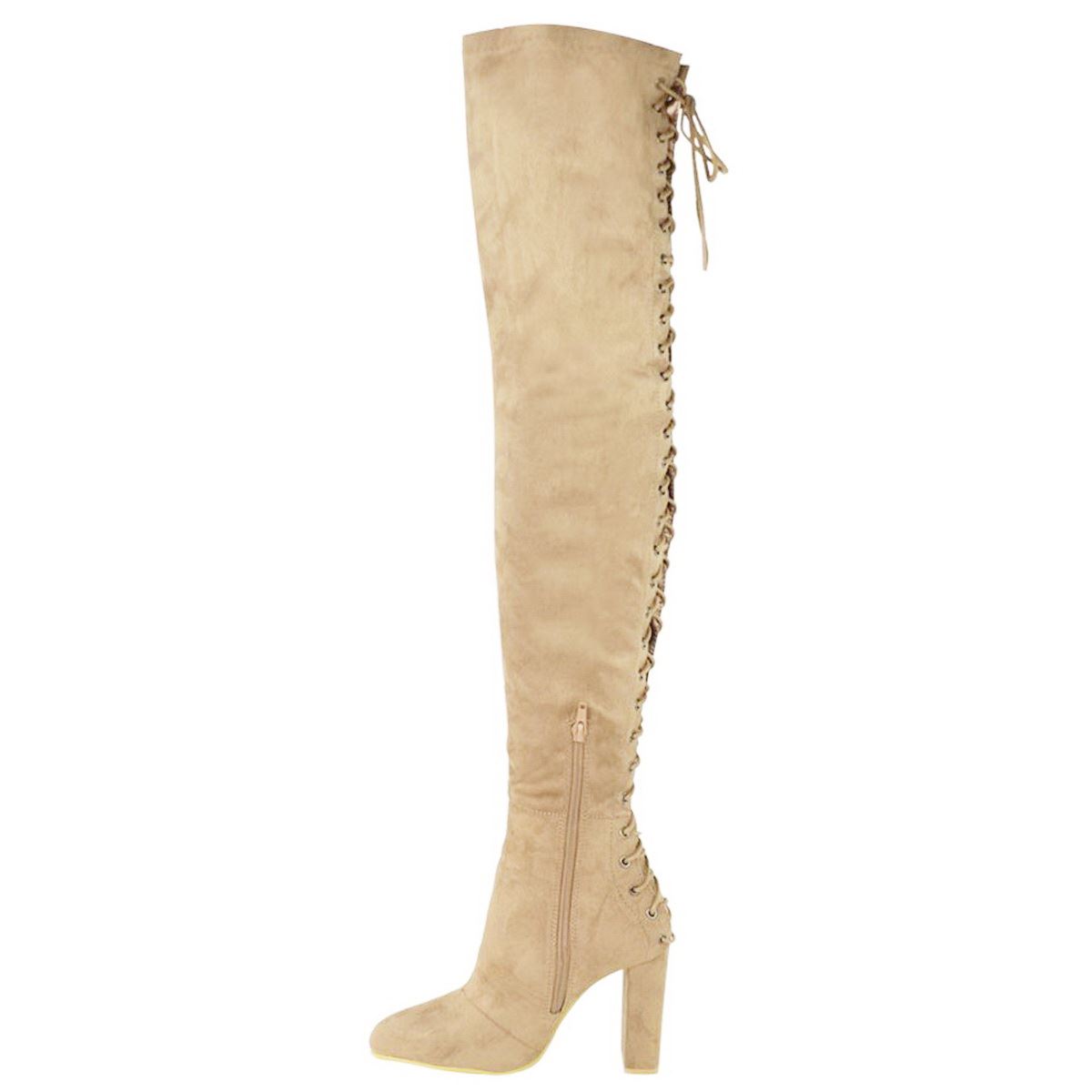 WOMENS LADIES OVER THE KNEE THIGH HIGH BLOCK HEEL LACE BACK STRETCH BOOTS SIZE