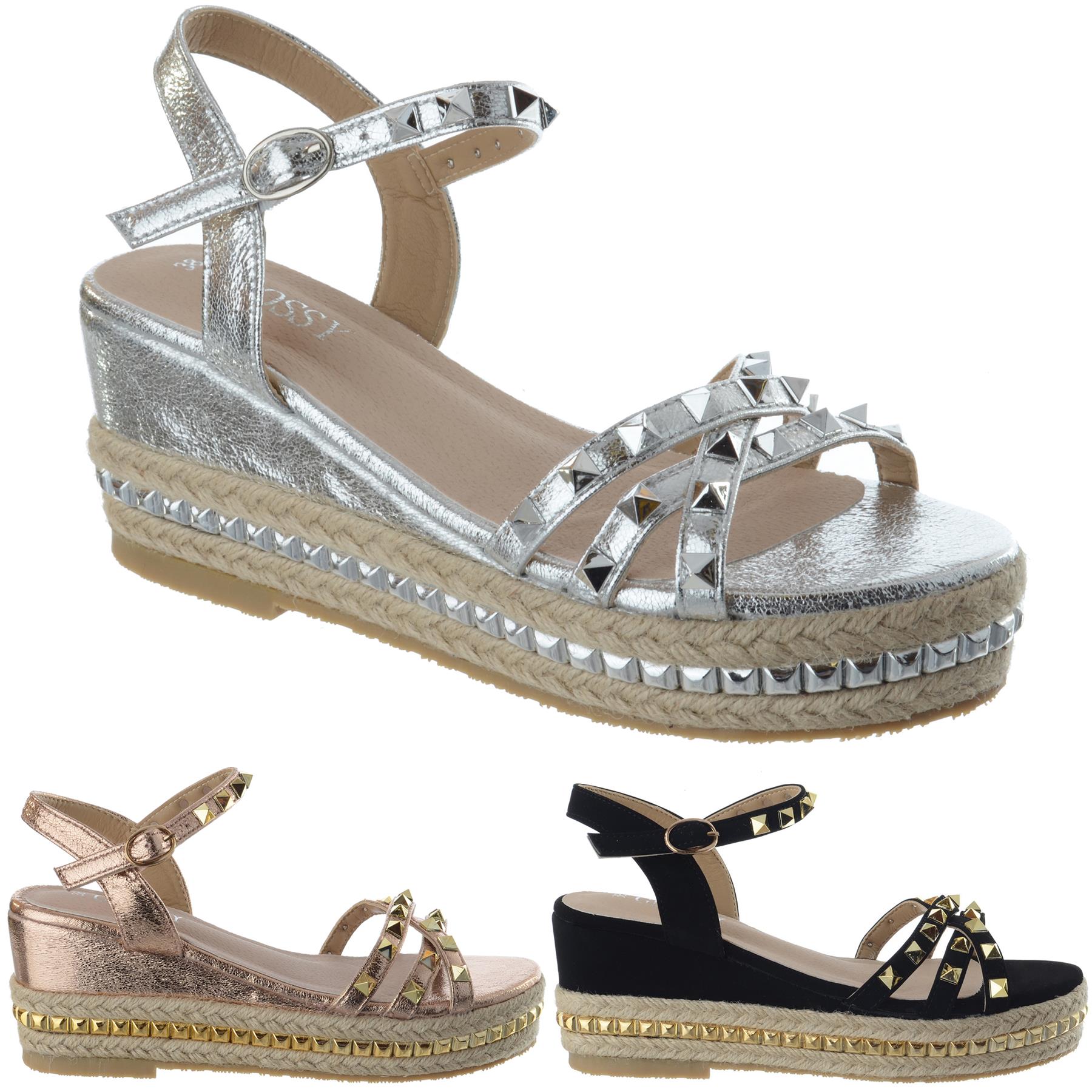 Damen Nieten Espadrille Riemchen Keilabsatz Sandalen Plateau Damen Plateau Sandaletten mit Keilabsatz Espadrille Design