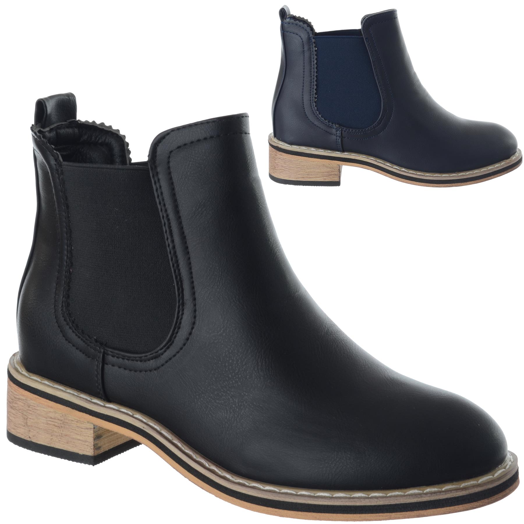 Womens Ankle Boots Block Low Mid Heel Ladies Western Pull On Gusset Chelsea Shoe
