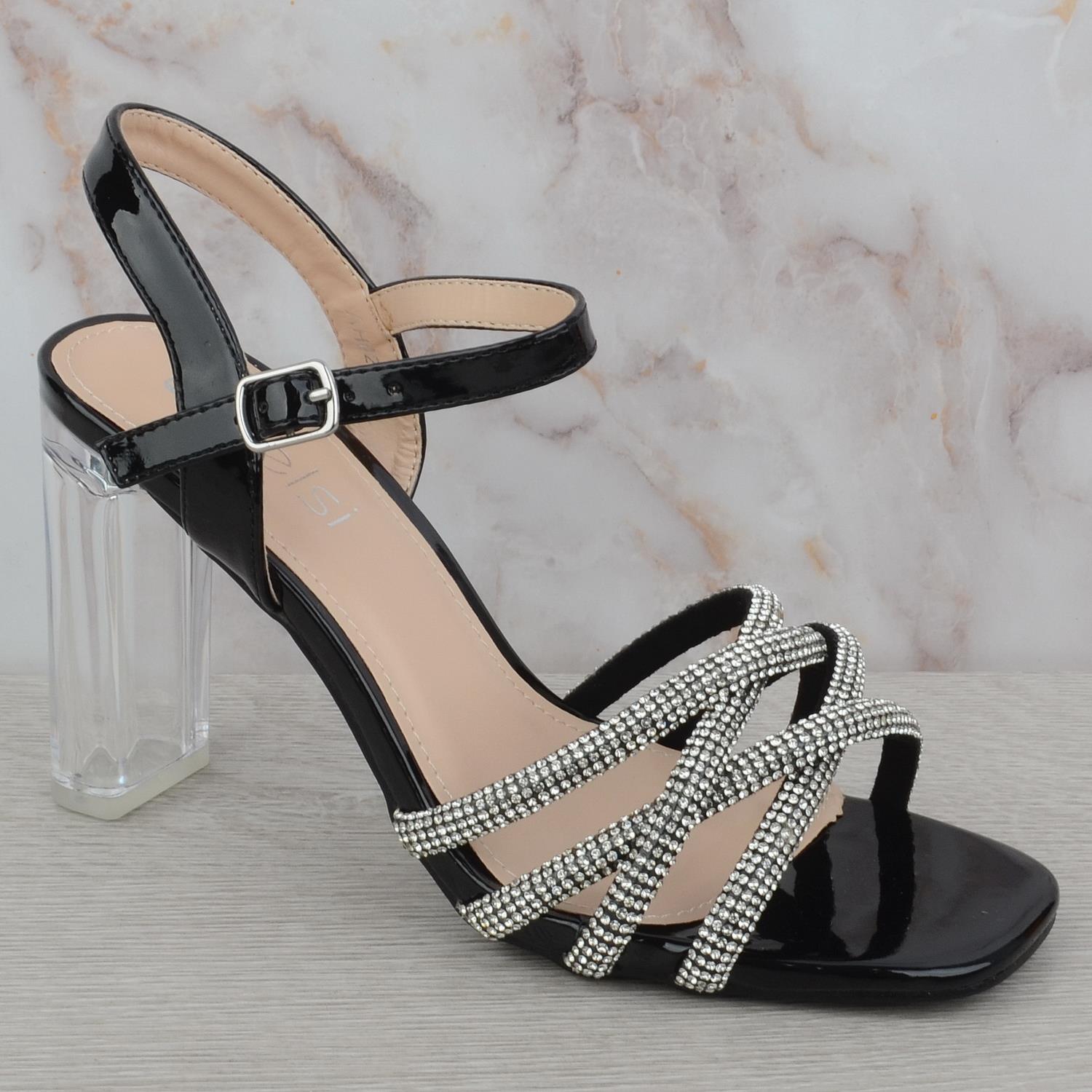 LADIES WOMENS ANKLE STRAP HIGH CLEAR BLOCK HEEL STRAPPY DIAMANTE