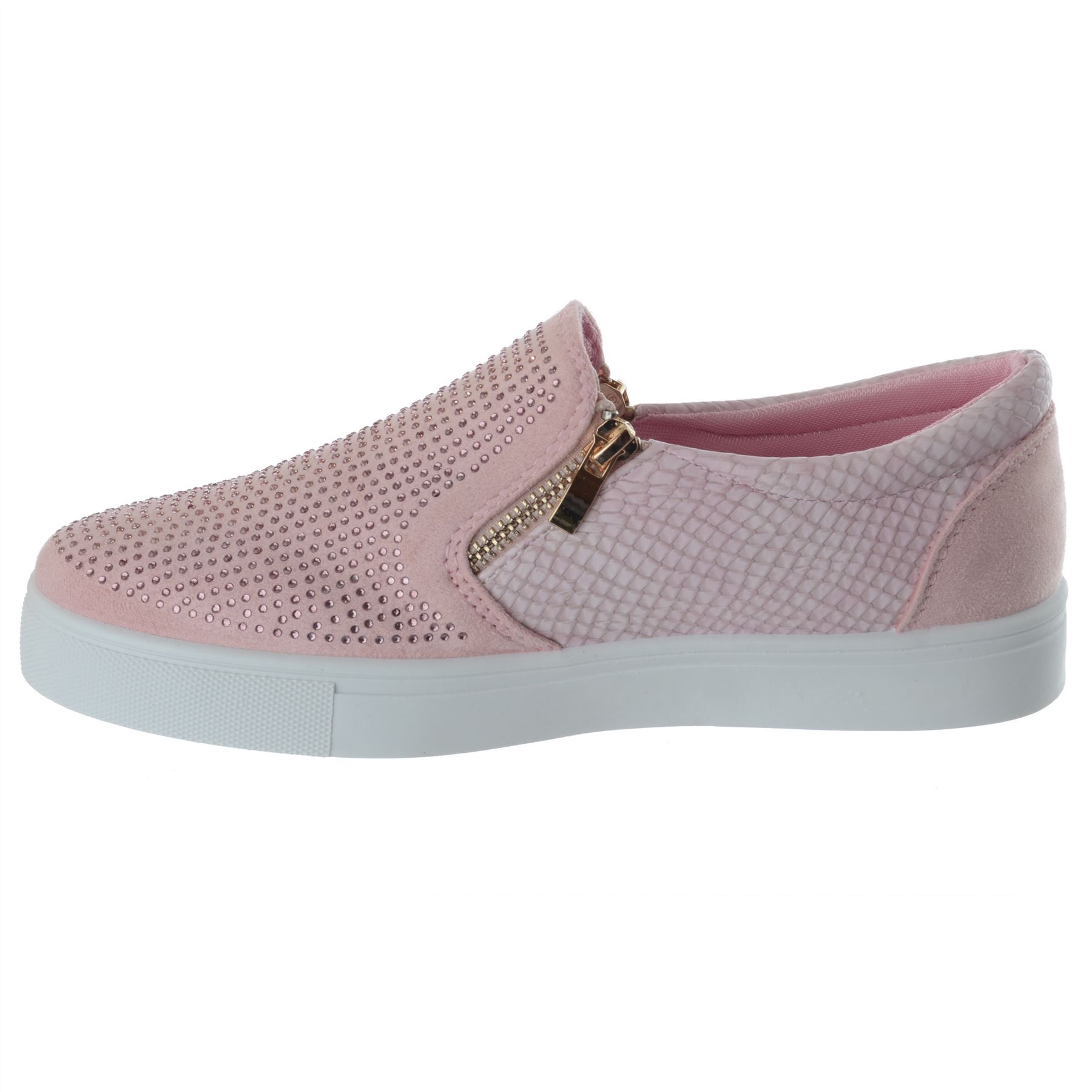 Ladies Womens Diamante Slip On Zip Flat Trainers Plimsolls Zip Up Pumps Size - Picture 13 of 16