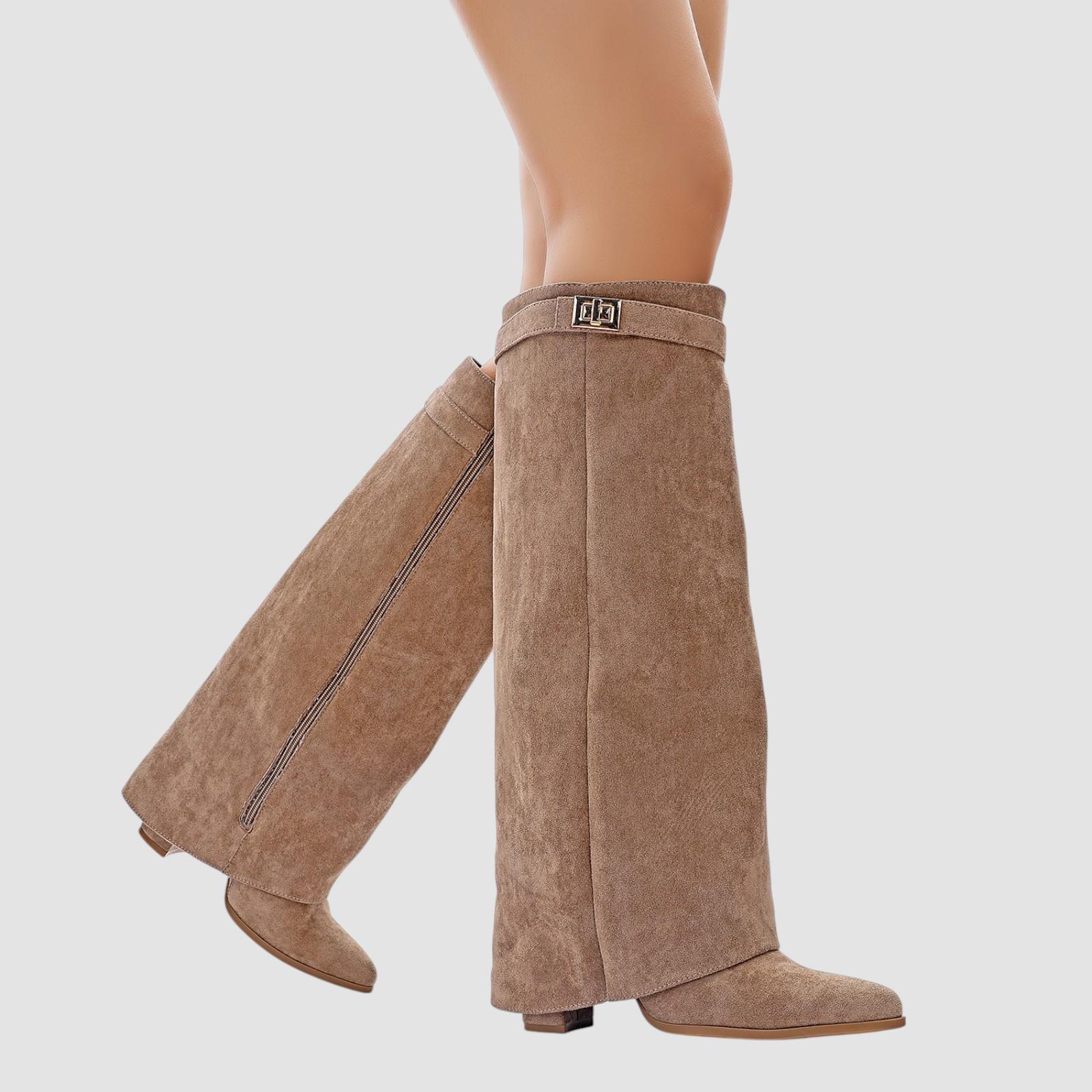 WOMENS LADIES KNEE HIGH BLOCK HEEL FOLD OVER SHARK CLASSIC BUCKLE LOCK ZIP BOOTS