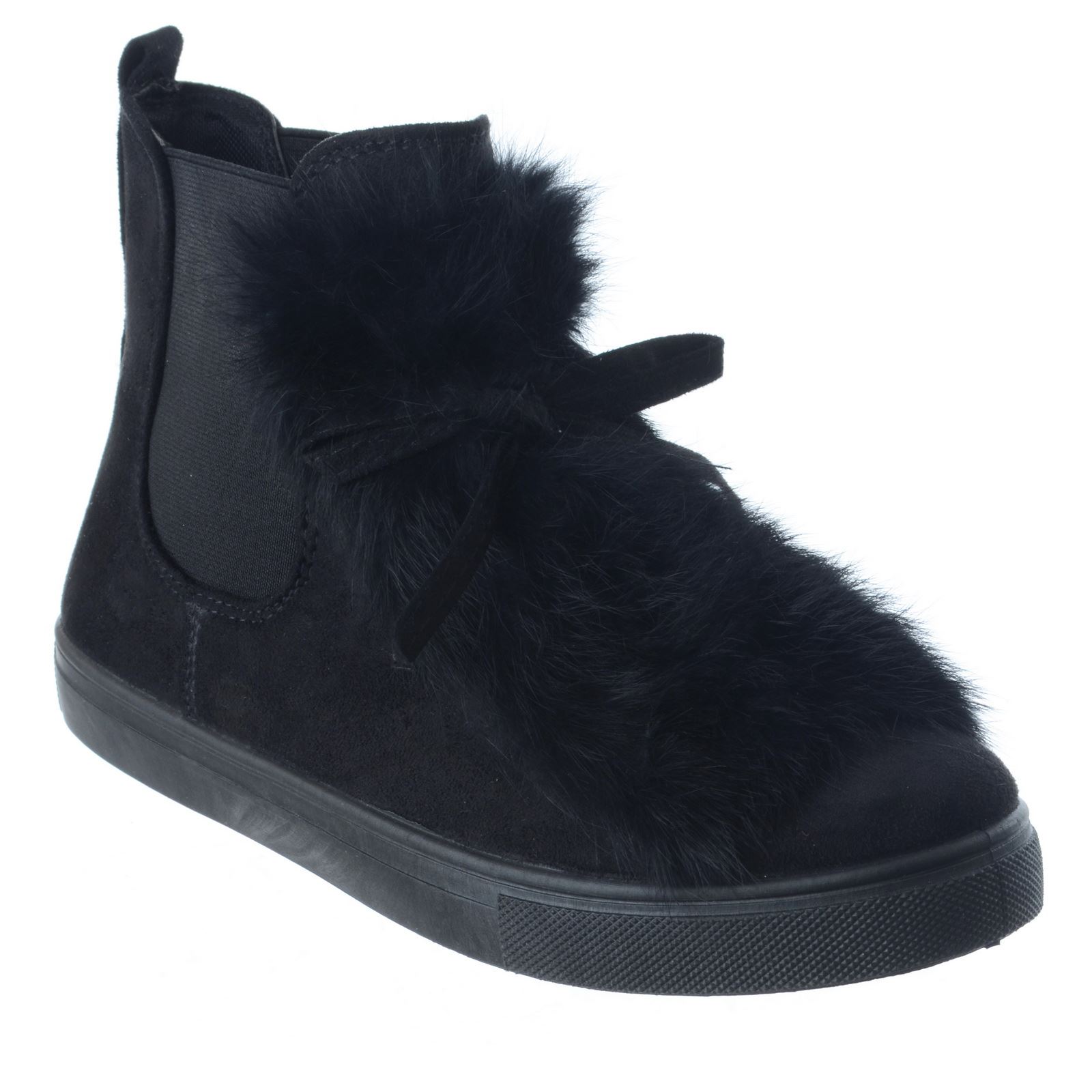LADIES WOMENS FLAT ANKLE CHELSEA BOOTS PULL ON TRAINERS FLUFFY FUR SNEAKERS SIZE - Picture 2 of 7
