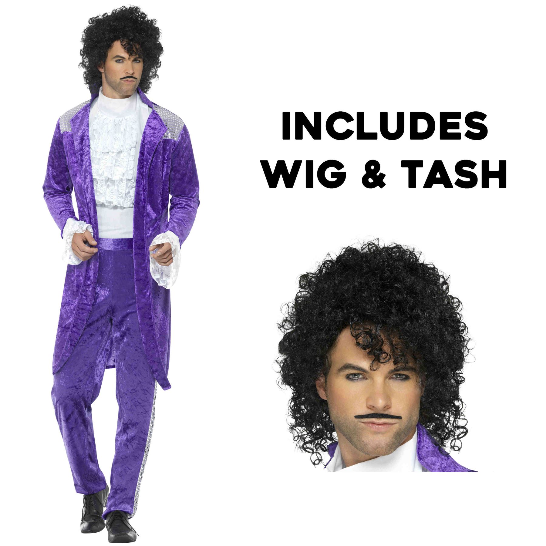 INCLUDES WIG & TASH Mens 80s Purple Musician Singer Prince Fancy Dress