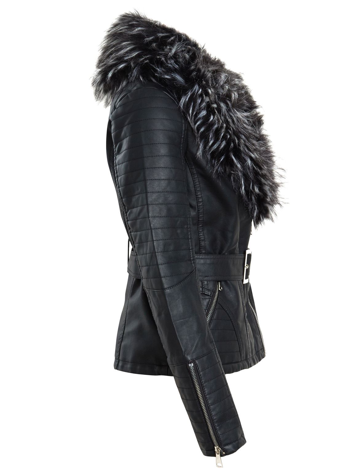 Womens Faux leather Biker Jacket Black Faux Fur Collar Coat Size 8 10 12 14 New
