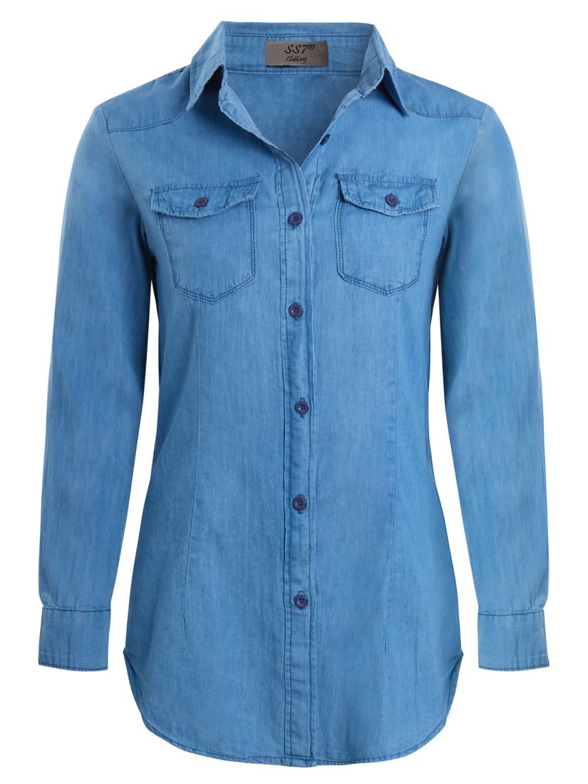 Womens Denim Shirt Slim Fitted Top 