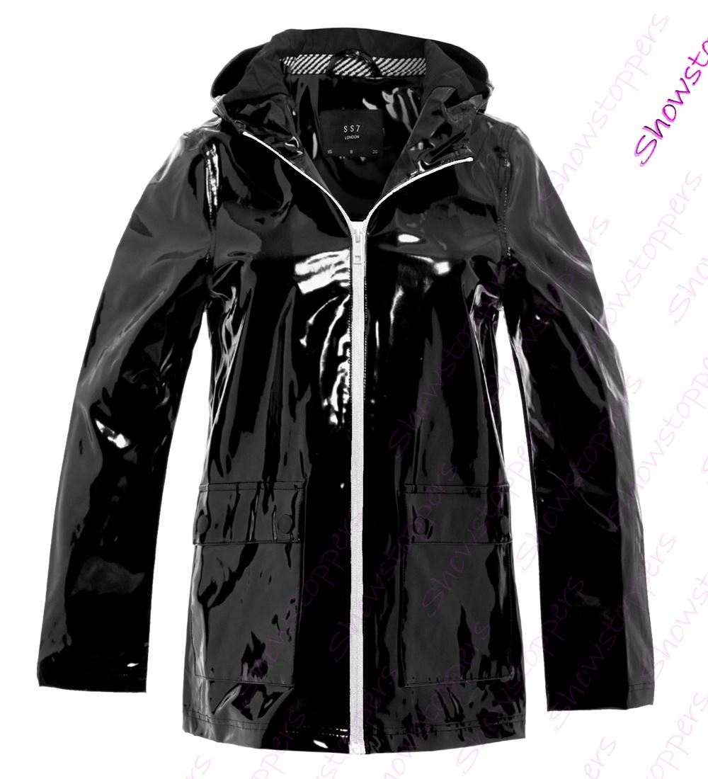 Womens Rain Mac Waterproof Vinyl Patent Raincoat Jacket Size 8 10 12 14