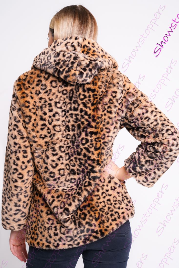 Womens Faux Fur Coat Luxurious Hood Leopard Jacket Size 8 10 12 14 - Picture 4 of 6