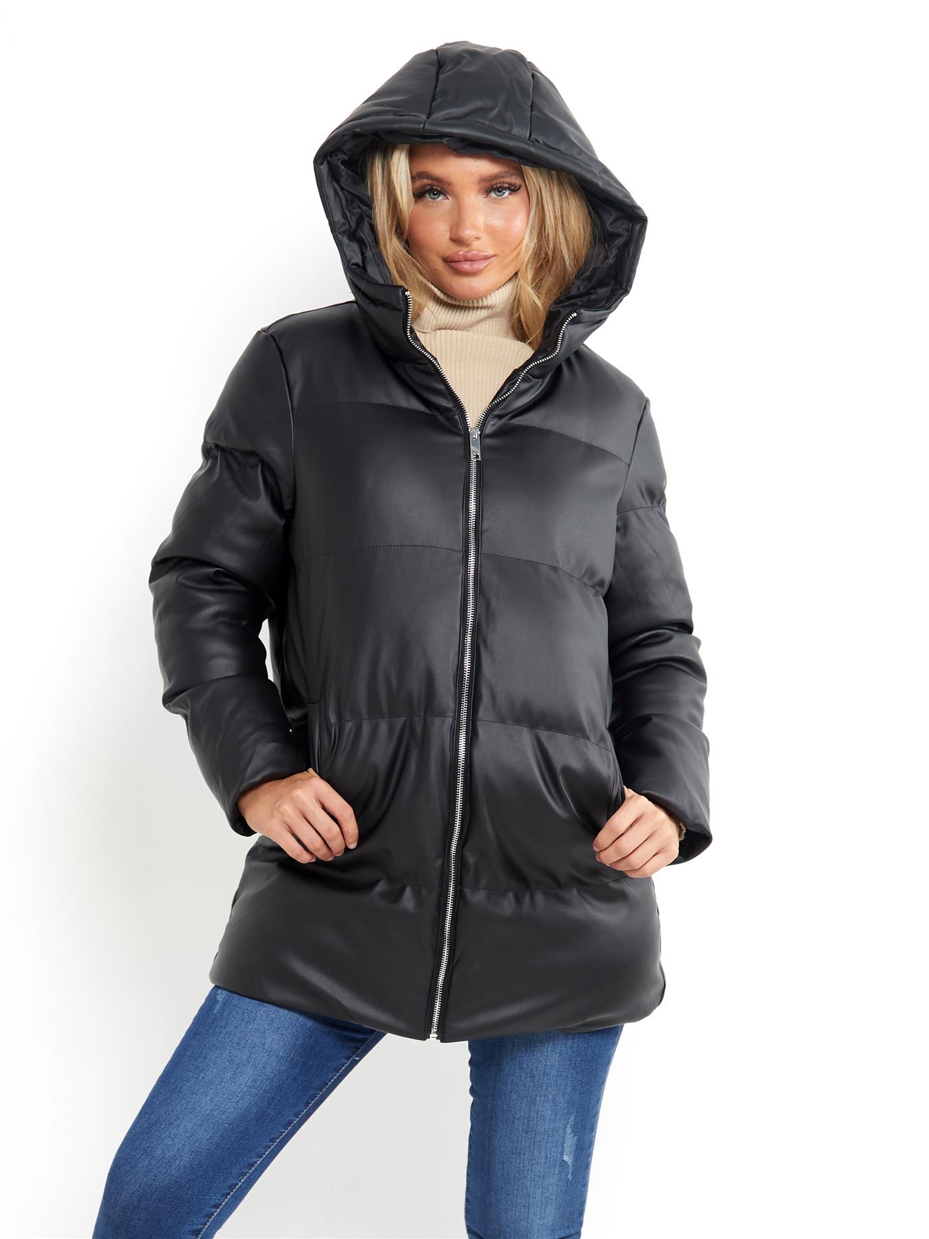 Womens Parka Coat Jacket Winter Padded PU Faux Leather Black Size 10 14 12 8 16 - Picture 5 of 6
