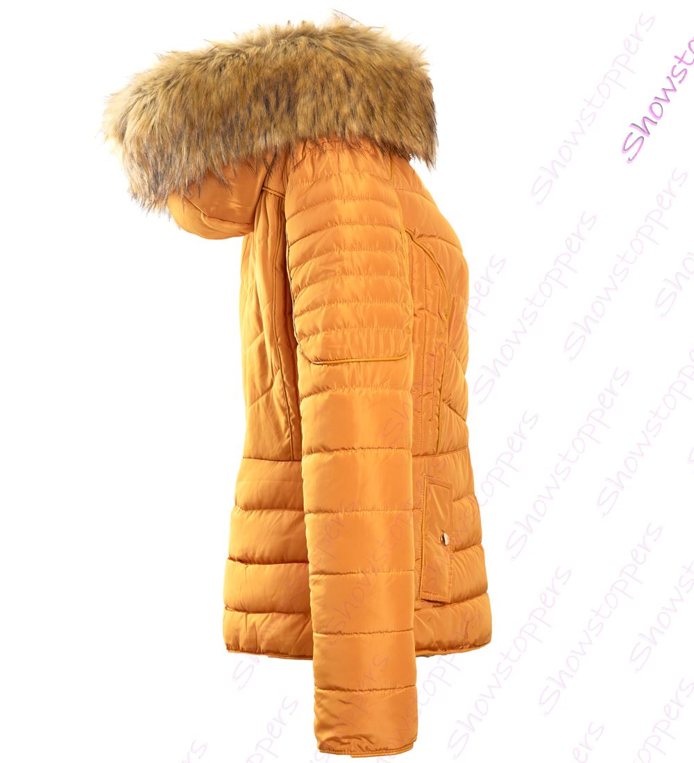 Womens Mustard Faux Fur Padded Coat Size 12 8 10 14 16 Hooded Parka | eBay
