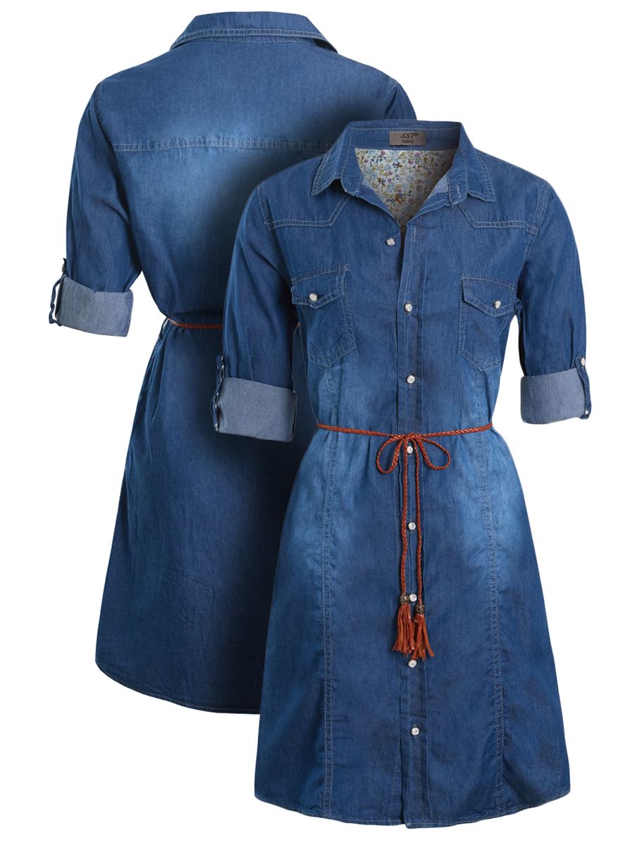 Womens Denim Shirt Dress Ladies Cotton 