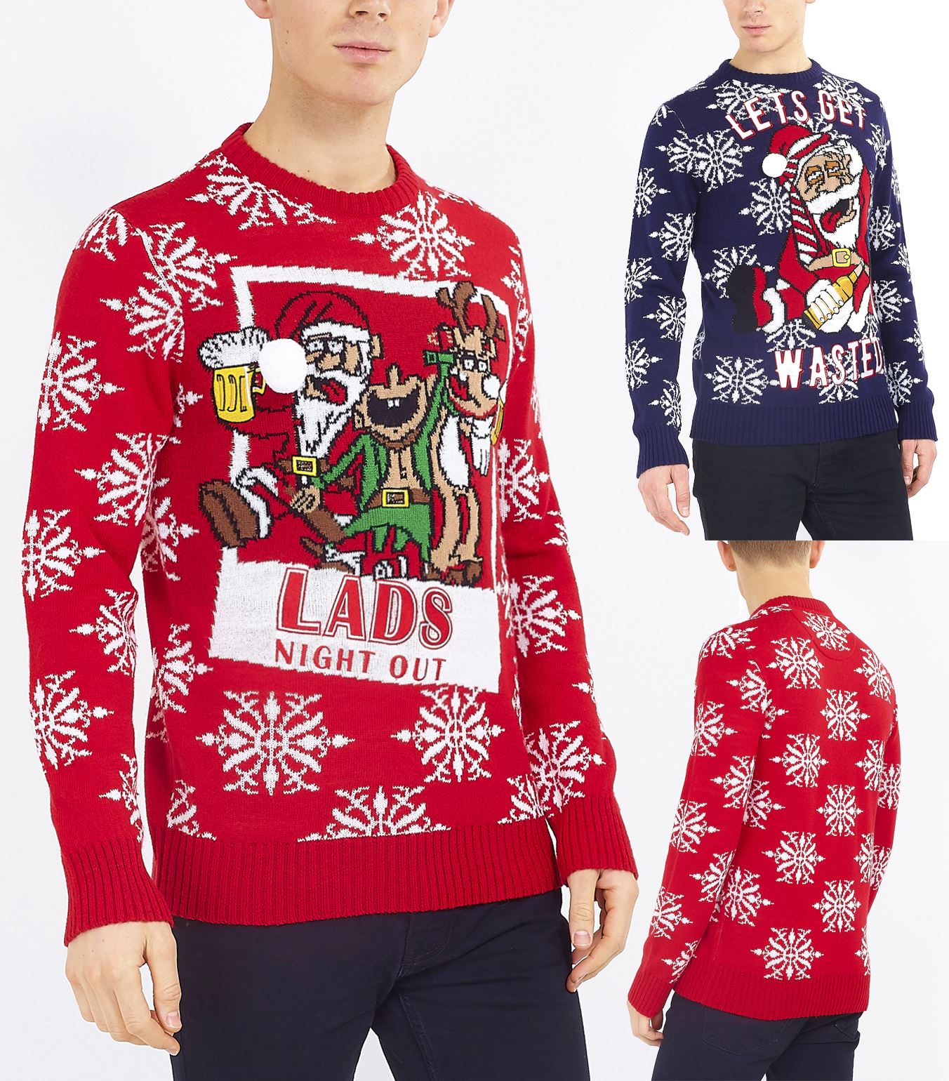 Mens Christmas Jumper Red Santa Xmas Wasted Lads Size S M L XL Navy