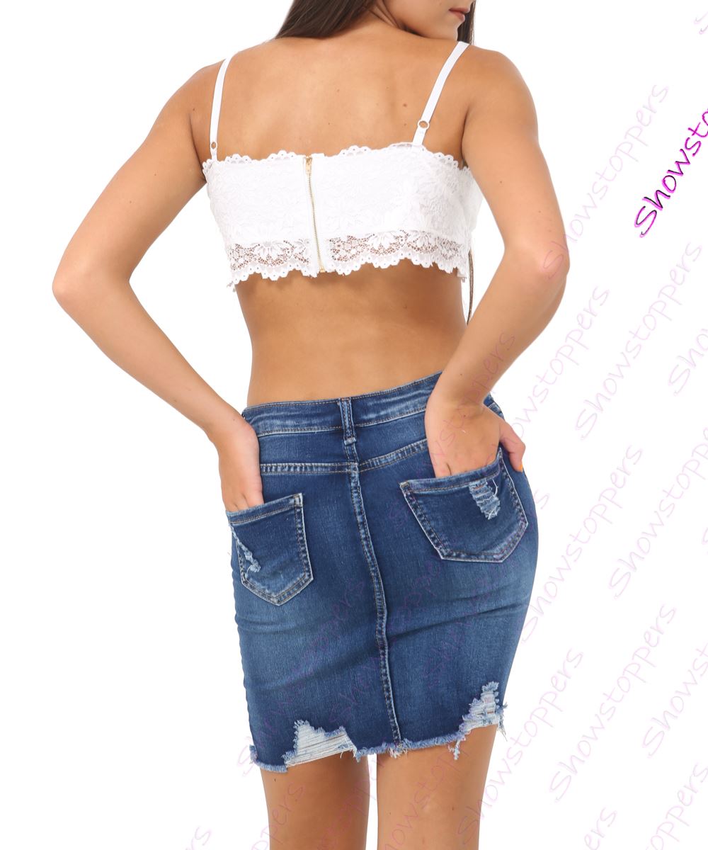 Womens Distressed Denim Skirt Rip Frayed skirts Size 6 8 10 12 14 Mid