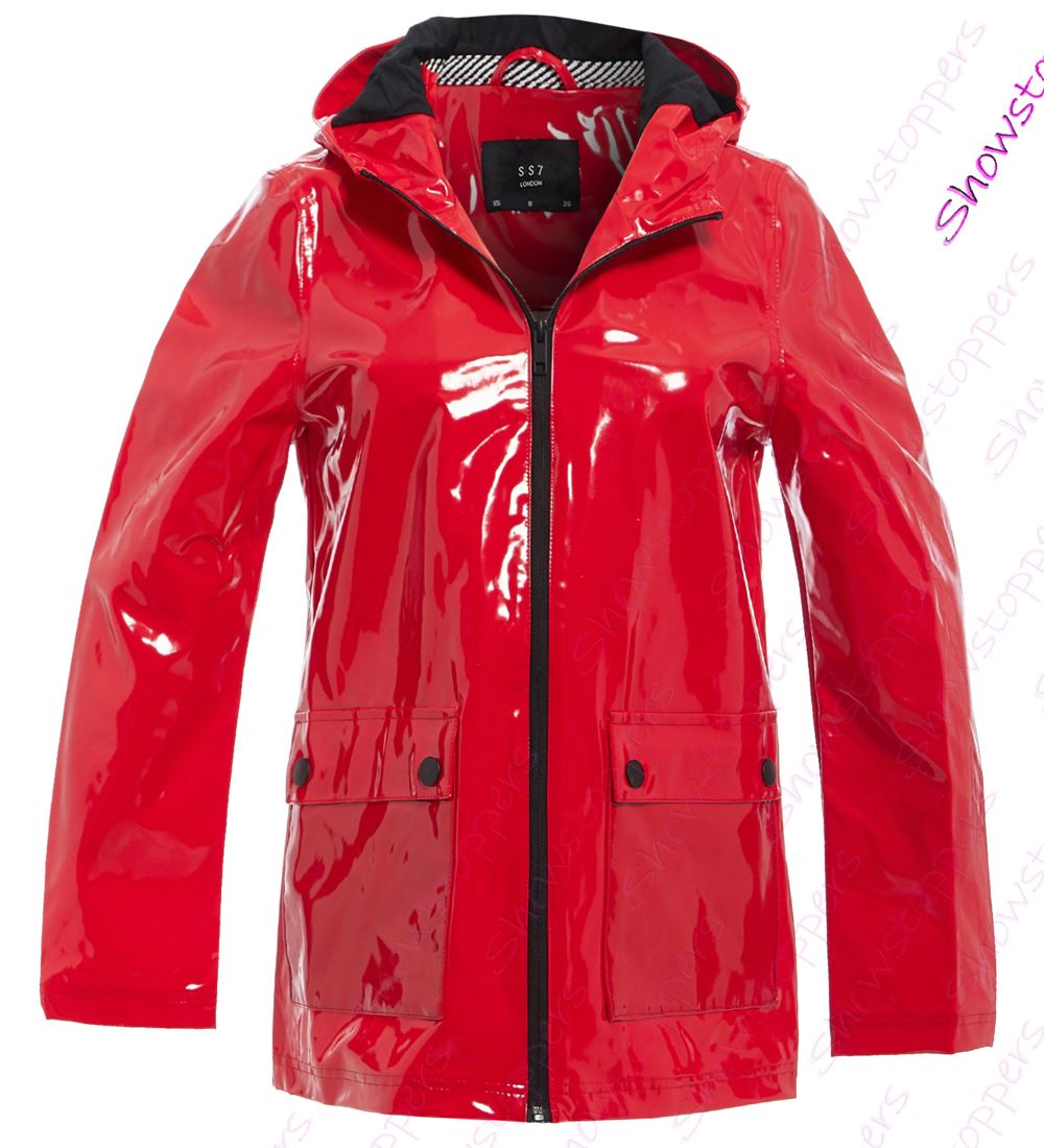 Womens Rain Mac Waterproof Vinyl Patent Raincoat Jacket Size 8 10 12 14