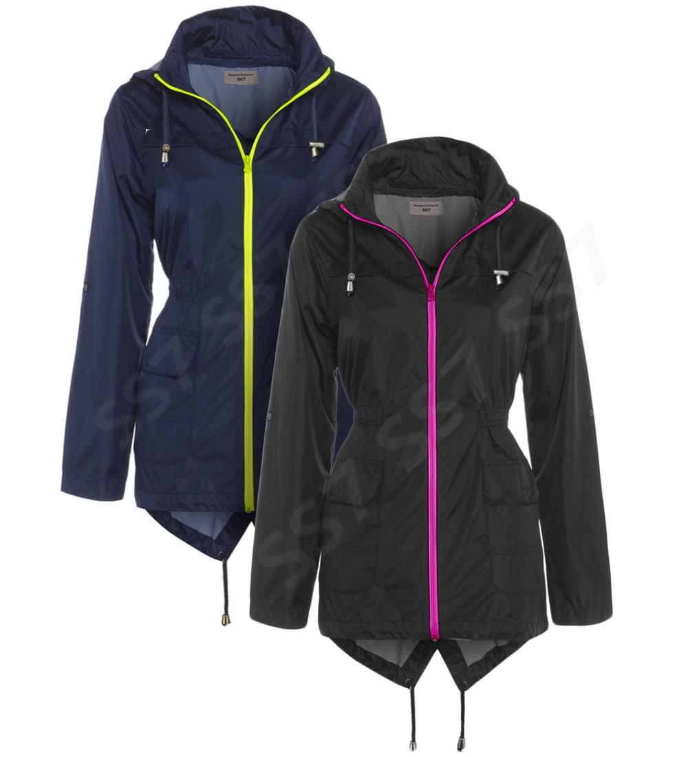 Womens Polyester Shower proof Neon Contrast Zip Mac Parka Raincoat Jackets 8-24