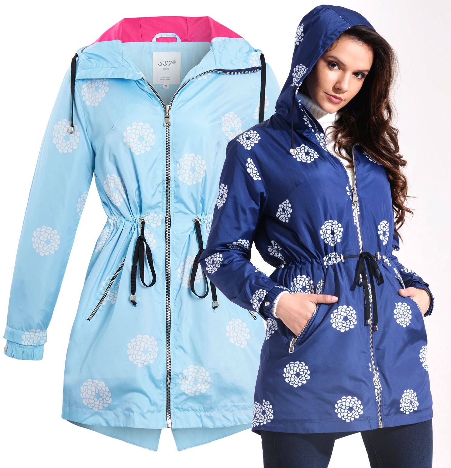 Womens Showerproof Windproof Raincoat Jacket Floral Navy Blue Size 8 to