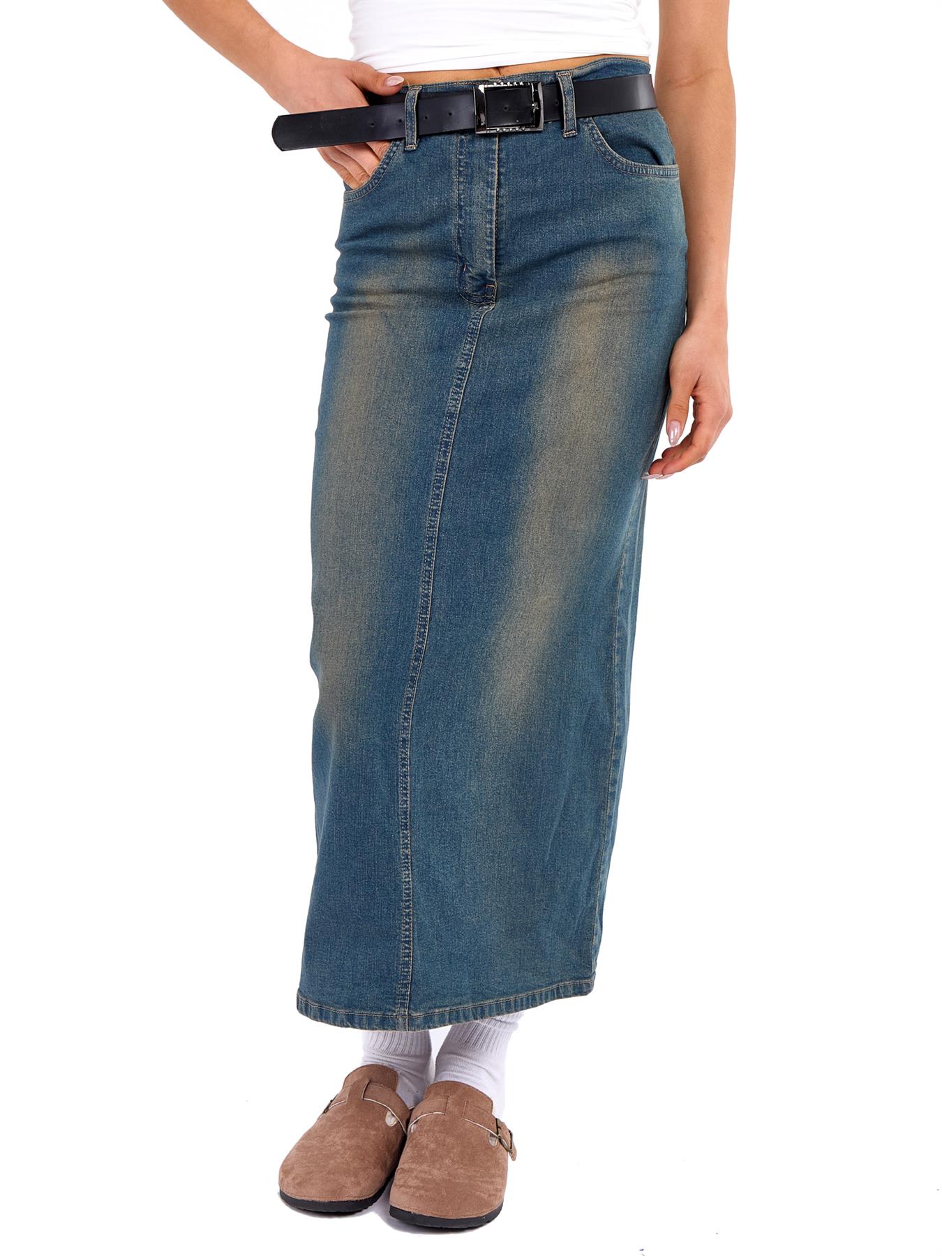Womens Denim Skirt Mid Waist Midi Length Vintage Belt Blue Size 8 10 12 14 New - Picture 3 of 4