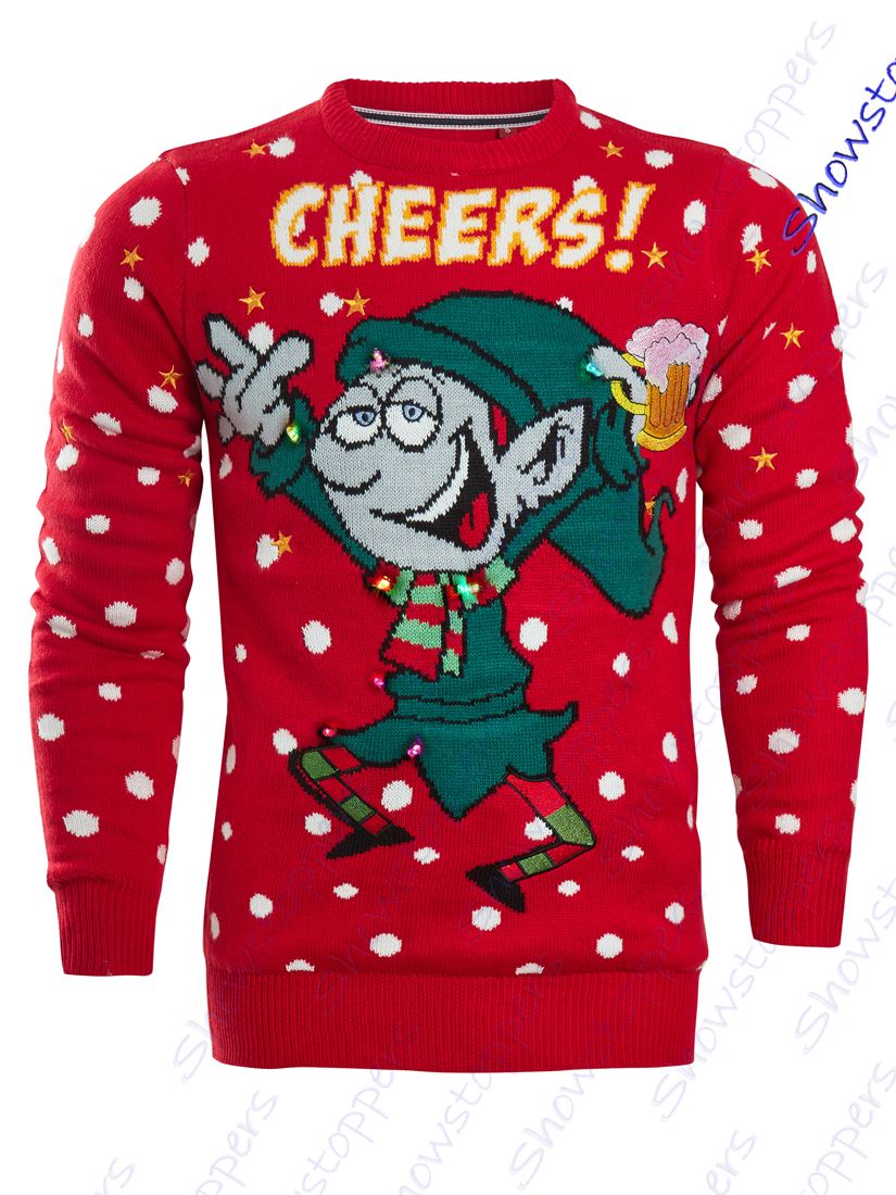 Mens Christmas Jumper LIGHTS Red Elf Xmas Snowman Size S M L XL Green