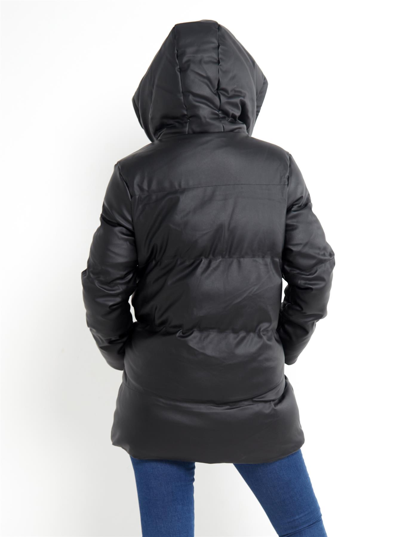 Womens Parka Coat Jacket Winter Padded PU Faux Leather Black Size 10 14 12 8 16 - Picture 6 of 6
