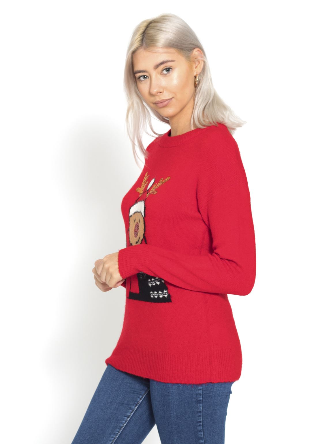 Womens Christmas Jumper Sequin Deer Xmas Size 10 14 Cream Pink